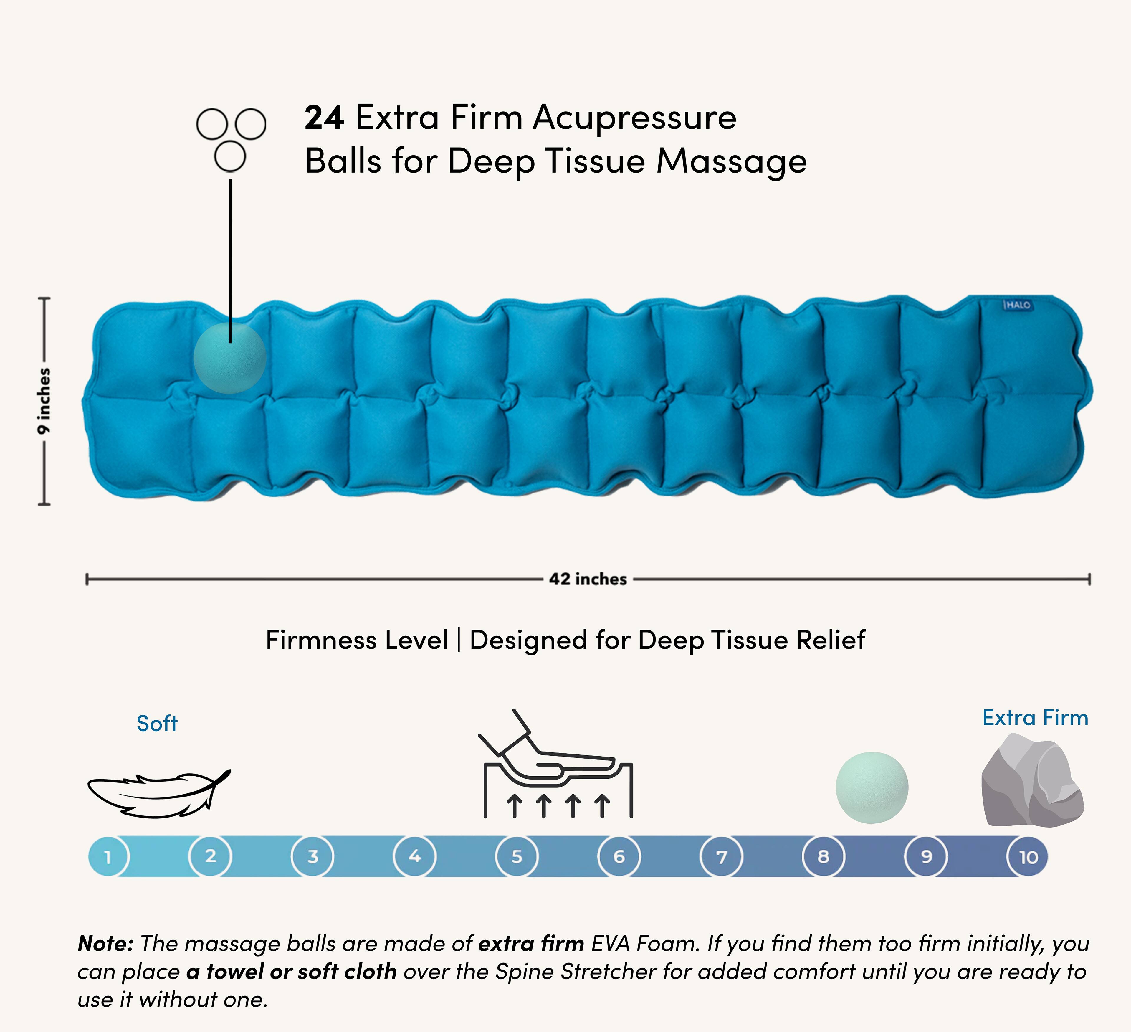 24 Extra Firm Acupressure Balls for Deep Tissue Massage

- 9 inches
- 42 inches

Firmness Level | Designed for Deep Tissue Relief

Soft | 1 | 2 | 3 | 4 | 5 | 6 | 7 | 8 | 9 | 10 | Extra Firm

Note: The massage balls are made of extra firm EVA Foam. If you find them too firm initially, you can place a towel or soft cloth over the Spine Stretcher for added comfort until you are ready to use it without one.
