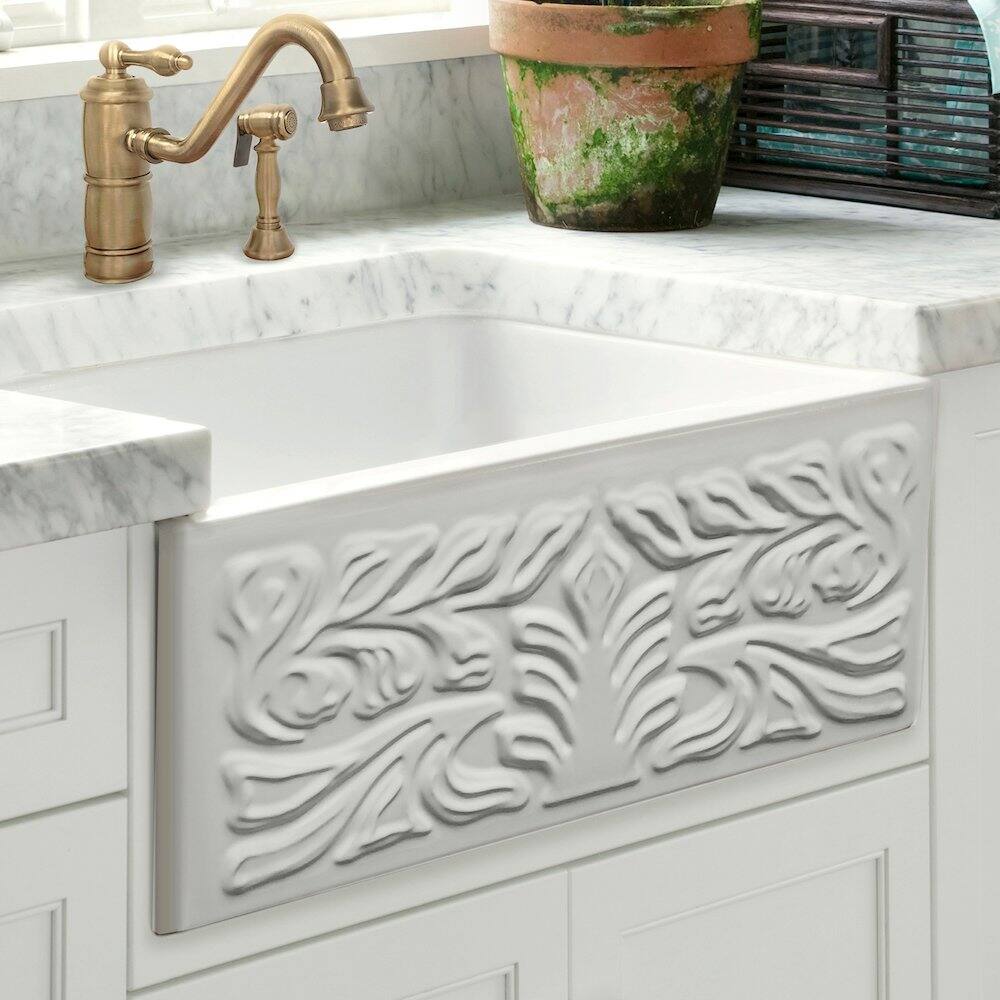 Alt View 4. Whitehaus - Whitehaus Farmhaus Fireclay Reversible Sink with a Gothichaus Swirl Design Front Apron on One Side - White.