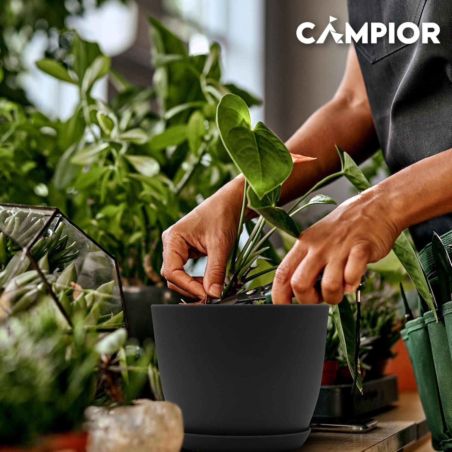 Alt View 1. Campior - Campior Plastic Plant Pots Set of 5 – Stackable, Durable, with Drainage, for Indoor & Outdoor Use, Black - Black.