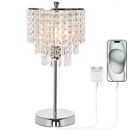 Front. Reds Spade - Touch Control Crystal Table Lamp USB Charging Ports Way Dimmable Bedside Touch Lamp Decorative Installation - Silver.