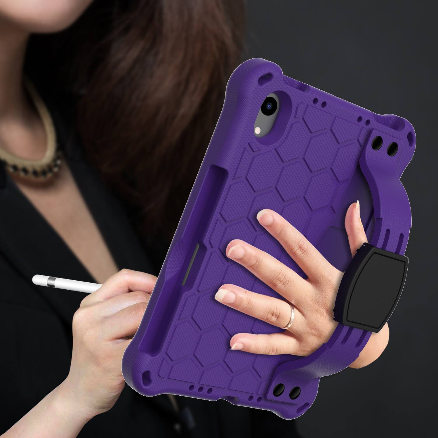 Back. UUCOVER - Kids Case for iPad mini A17 Pro 2024/iPad mini 6th Gen 8.3-inch 2021 Shockproof EVA+TPU Stand Cover with Shoulder Strap - Purple.