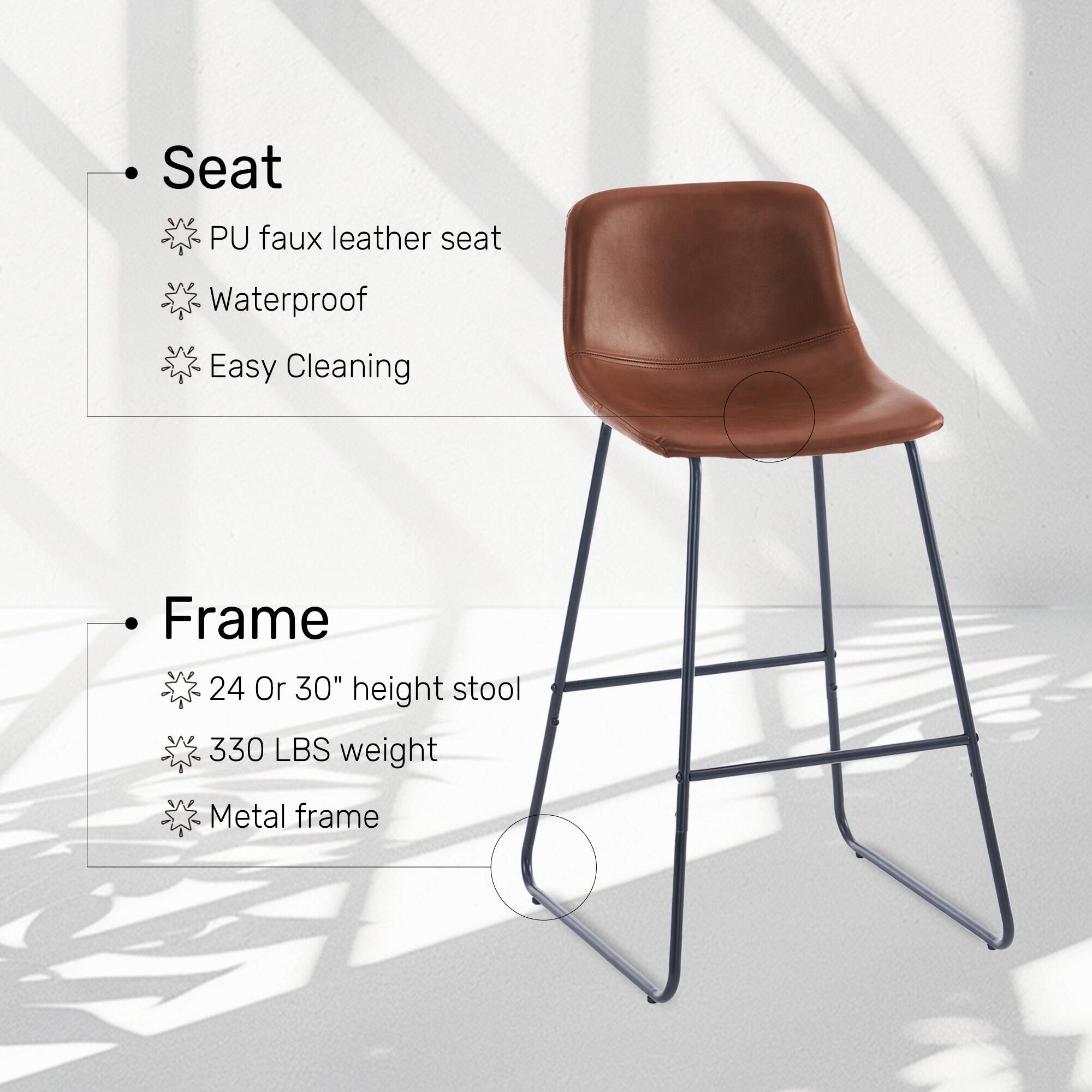 Seat: PU faux leather seat, Waterproof, Easy Cleaning
Frame: 24 Or 30" height stool, 330 LBS weight, Metal frame