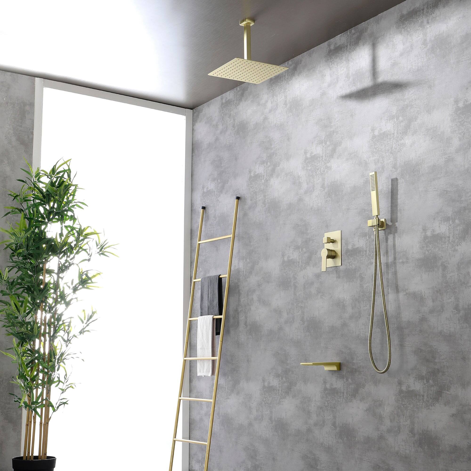 Angle. Boyel Living - Ceiling Mount Single-Handle 1-Spray Tub and Shower Faucet with 12 in. Fixed shower head in Brushed Gold (Valve Included) - Brushed Gold.