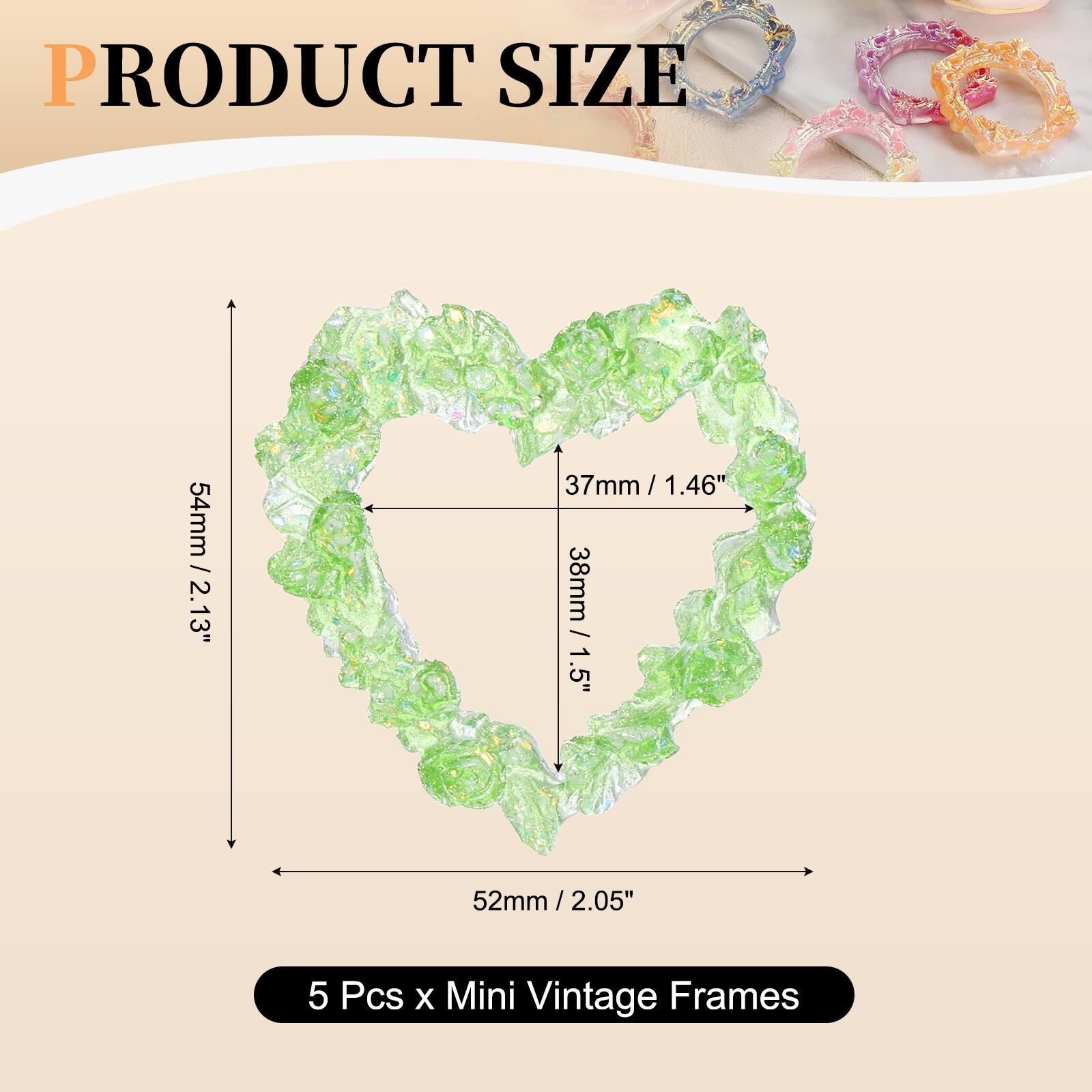 PRODUCT SIZE

54mm / 2.13"  
37mm / 1.46"  
38mm / 1.5"  
52mm / 2.05"  

5 Pcs x Mini Vintage Frames