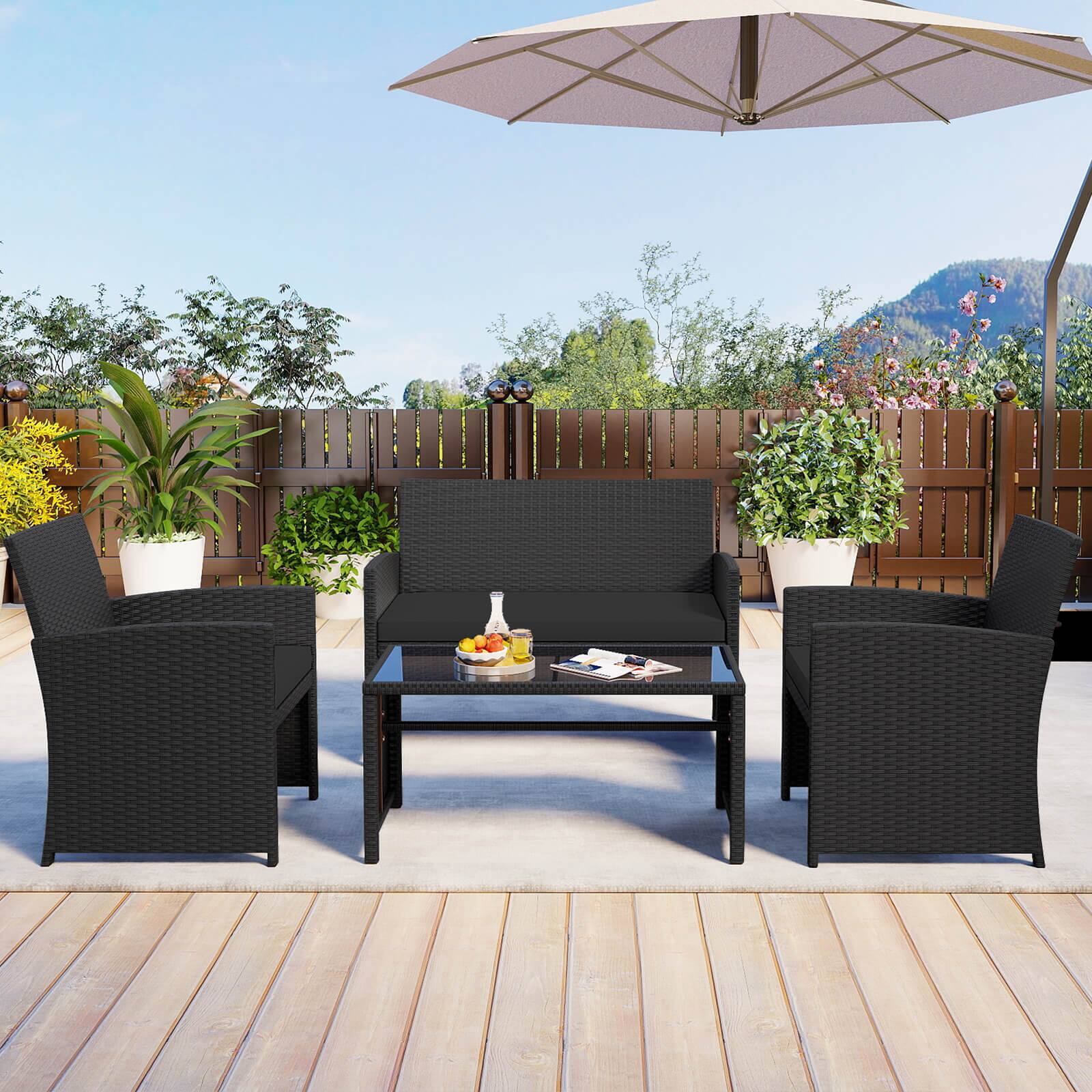 Alt View 4. Costway - Costway 8 PCS Patio Conversation Set with Seat Cushions & Tempered Glass Tabletop, Porch - Black+Black.