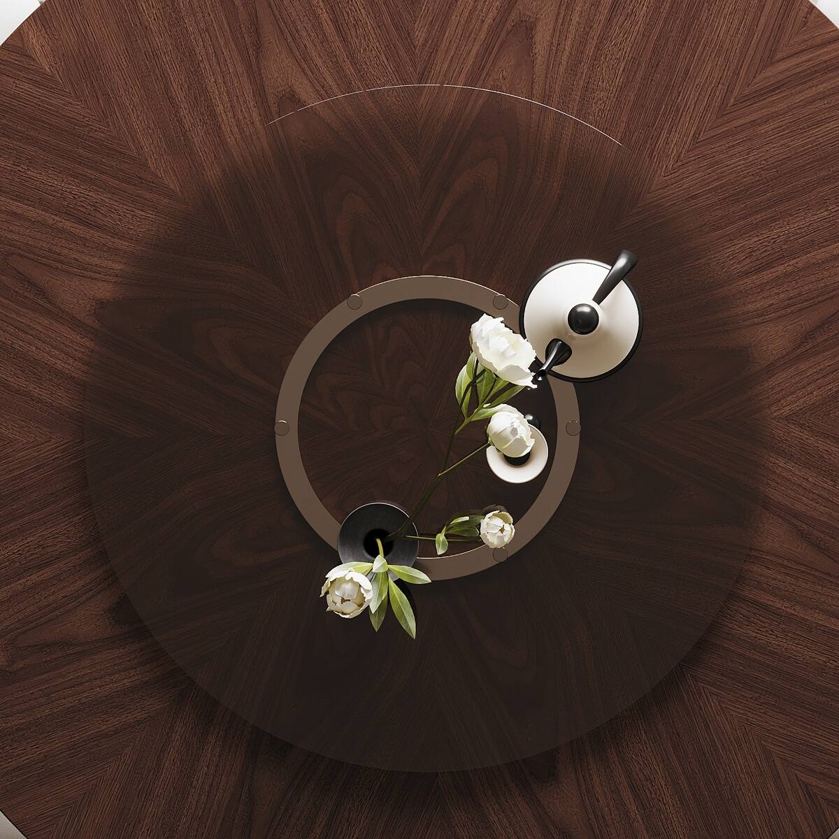 Left. Loheer - Loheer 59 Inch Round Dining Table, Natural Oak with 35 Inch Tempered Glass Lazy Susan - Walnut.
