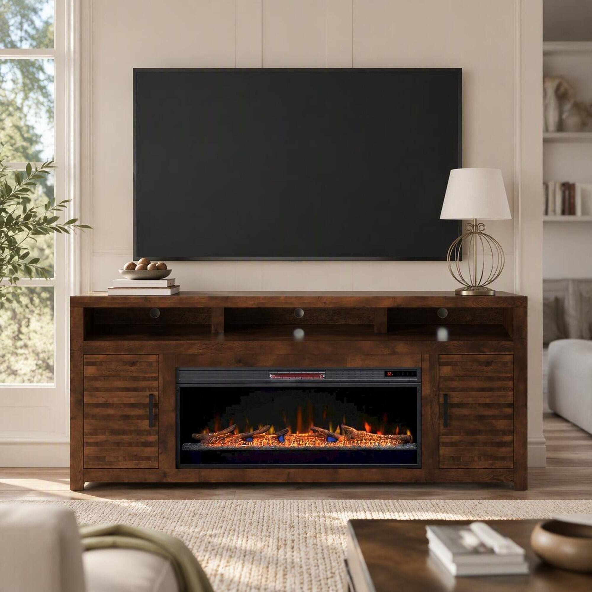 Front. RYHNUYNE - 78 Inch Sausalito Fireplace TV Stand, Fits Up To 90 Inch TVs For Modern Living Room Media Storage Warm Ambience - Brown.