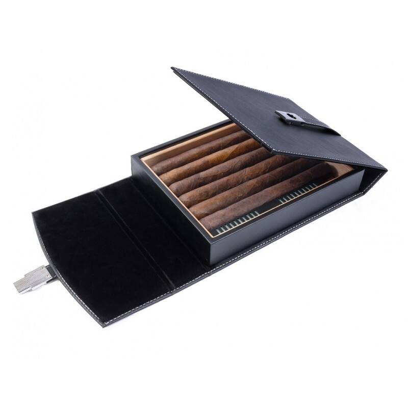 Alt View 2. Prestige - Florence Travel Cigar Humidor - Black Leather with White Stitching.
