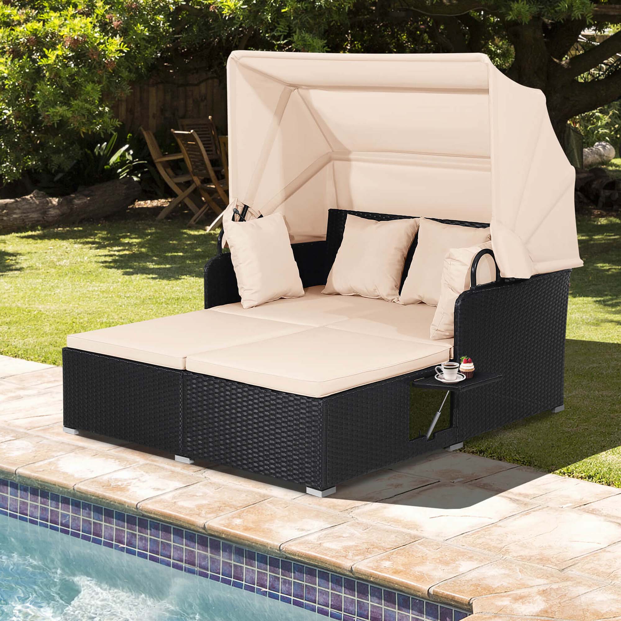 Alt View 4. Costway - Patio Rattan Daybed Lounge Retractable Top Canopy Side Tables Cushions - Black + Beige.