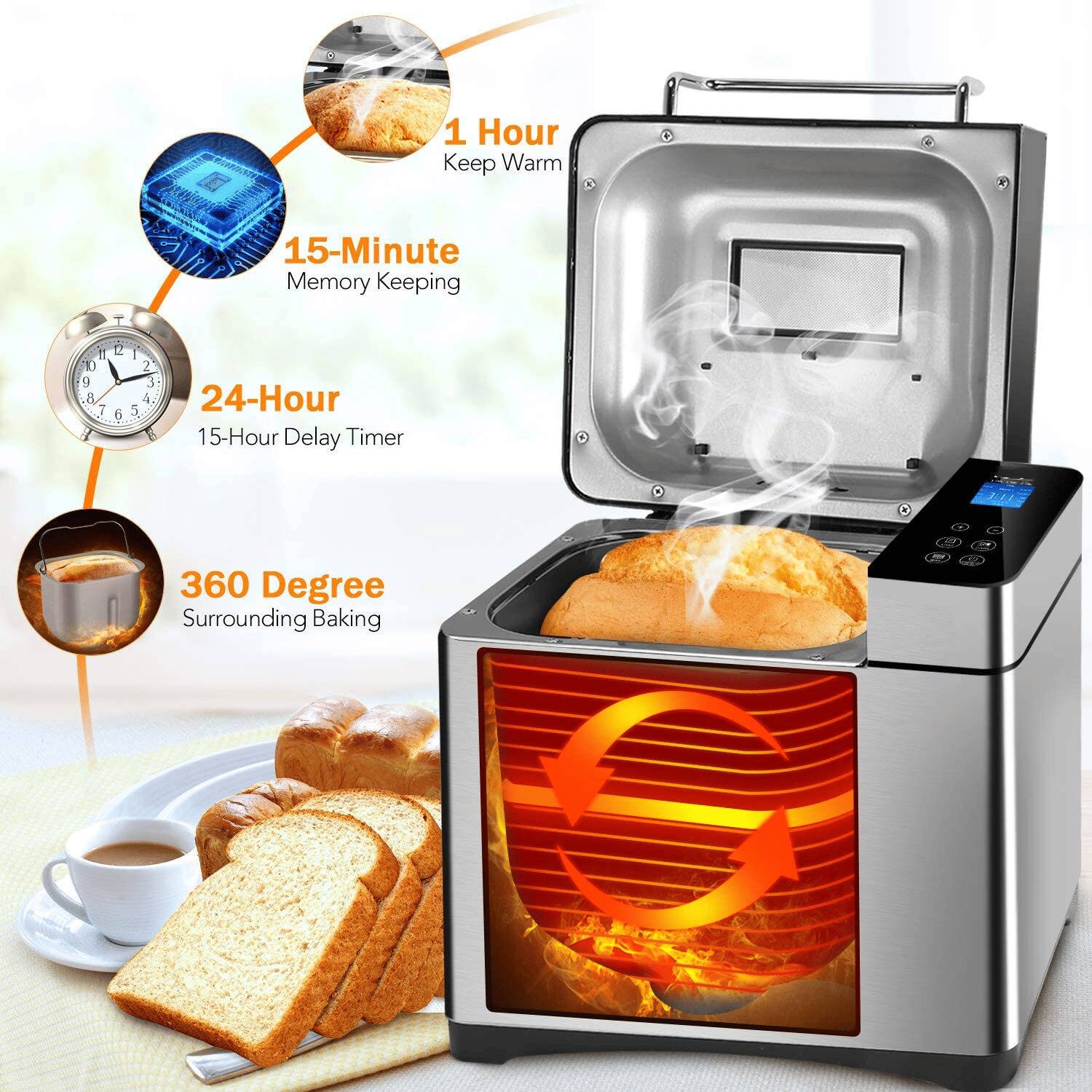 1 Hour Keep Warm  
15-Minute Memory Keeping  
24-Hour 15-Hour Delay Timer  
360 Degree Surrounding Baking