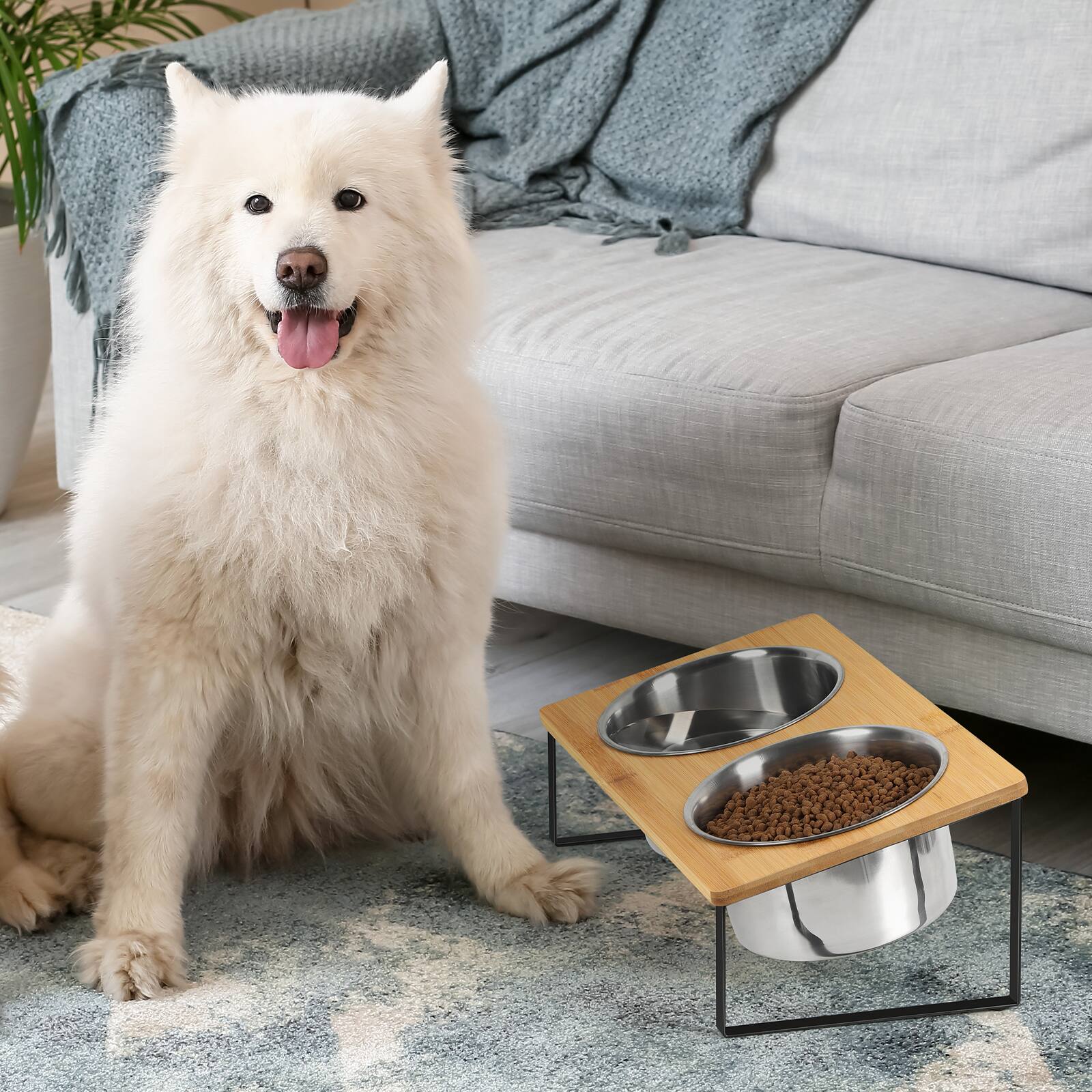 Back. Oumilen - Elevated Bamboo Double Pet Bowls, Raised Stainless Steel Dog Cat Feeder with Anti-Slip Metal Stand - Black.