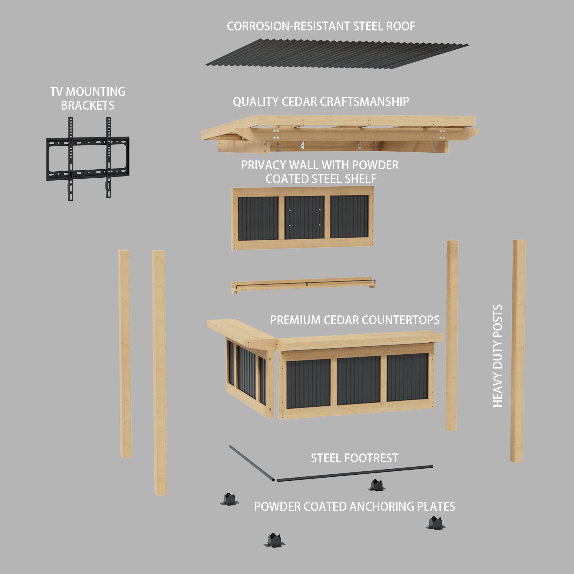 CORROSION-RESISTANT STEEL ROOF  
TV MOUNTING BRACKETS  
QUALITY CEDAR CRAFTSMANSHIP  
PRIVACY WALL WITH POWDER COATED STEEL SHELF  
PREMIUM CEDAR COUNTERTOPS  
HEAVY DUTY STEEL FOOTREST  
POWDER COATED ANCHORING PLATES