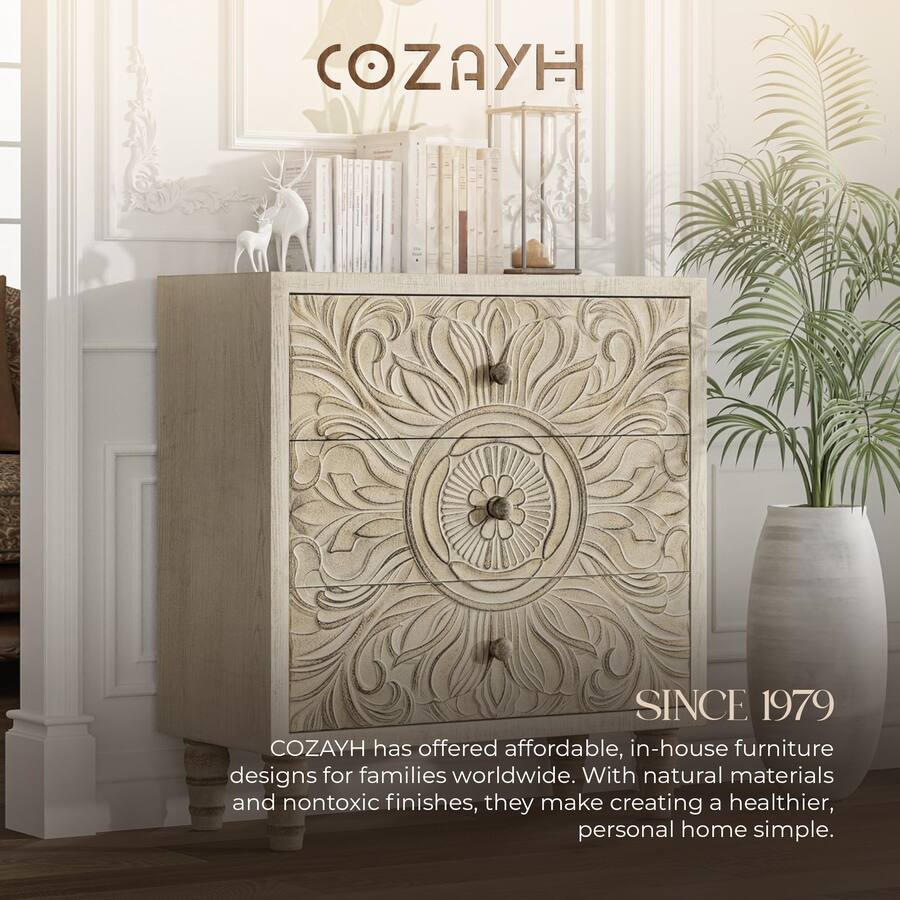 COZAYH Farmhouse 3 Drawer Home Bedroom Dresser with Embossed Flower ...