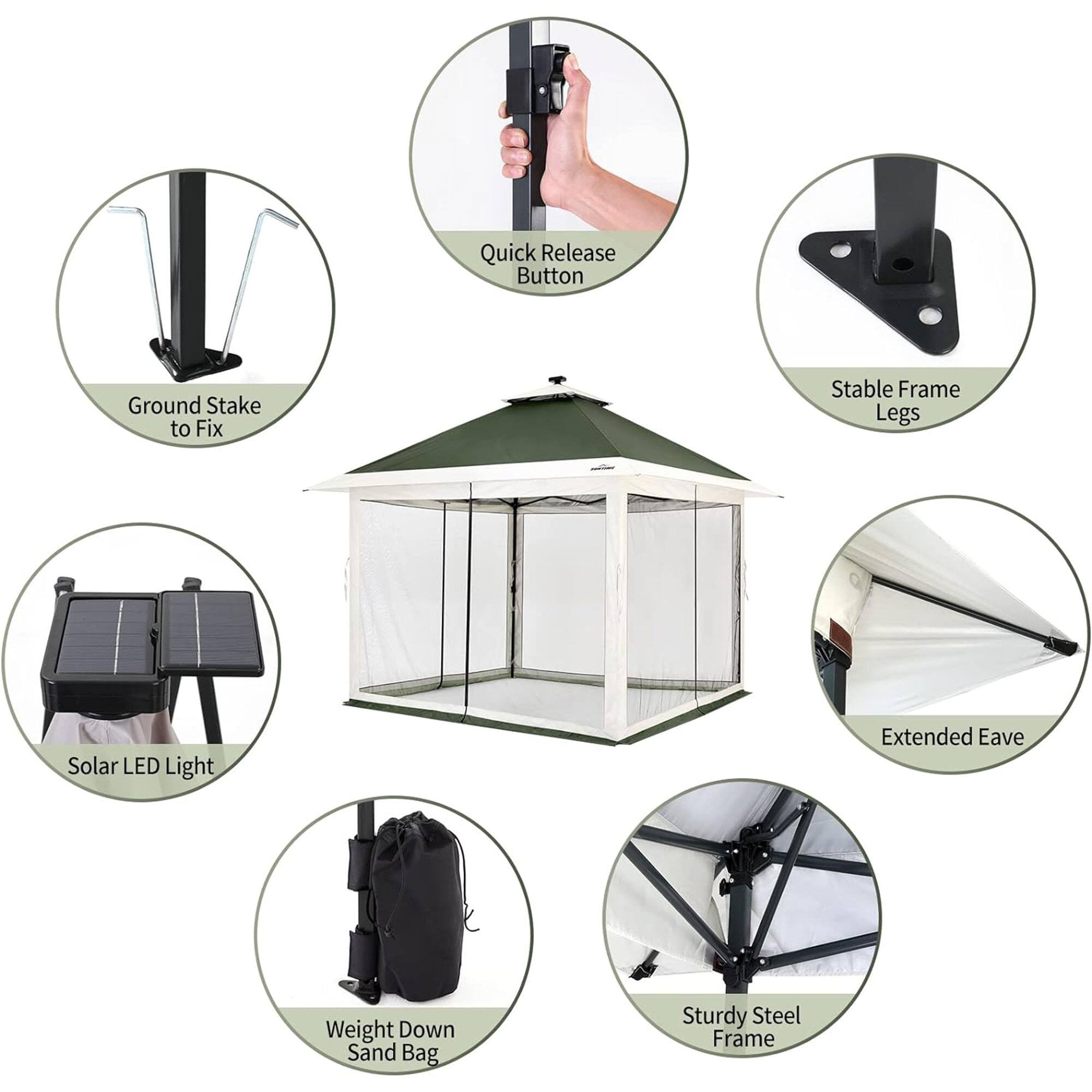 - Quick Release Button
- Ground Stake to Fix
- Stable Frame Legs
- Solar LED Light
- Weight Down Sand Bag
- Extended Eave
- Sturdy Steel Frame