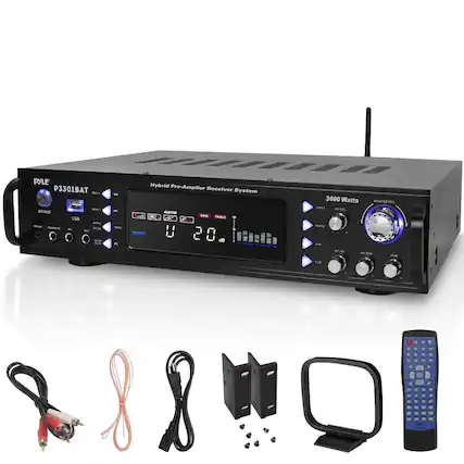 PYLE P3301BAT - MM POWER UB 1NS I m - R Hybrid Pre-Amplifier Receiver System
- 3000 Watts
- MASTER VOL
- INPUT
- SUB OUT
- MENU
- A/V
- MIC VOL
- MIC THRE
- BASS
- TREBLE
- U 20 dB
- 3000 Watts
- AP MASTER VOL