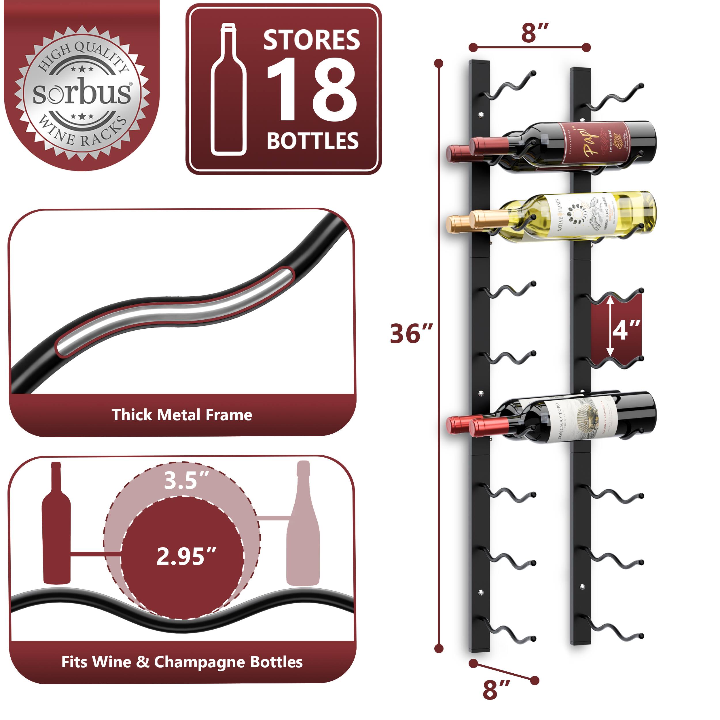Sorbus Wall Mounted Wine Rack, 18 Bottle Double Row Holder, 2 Pack ...