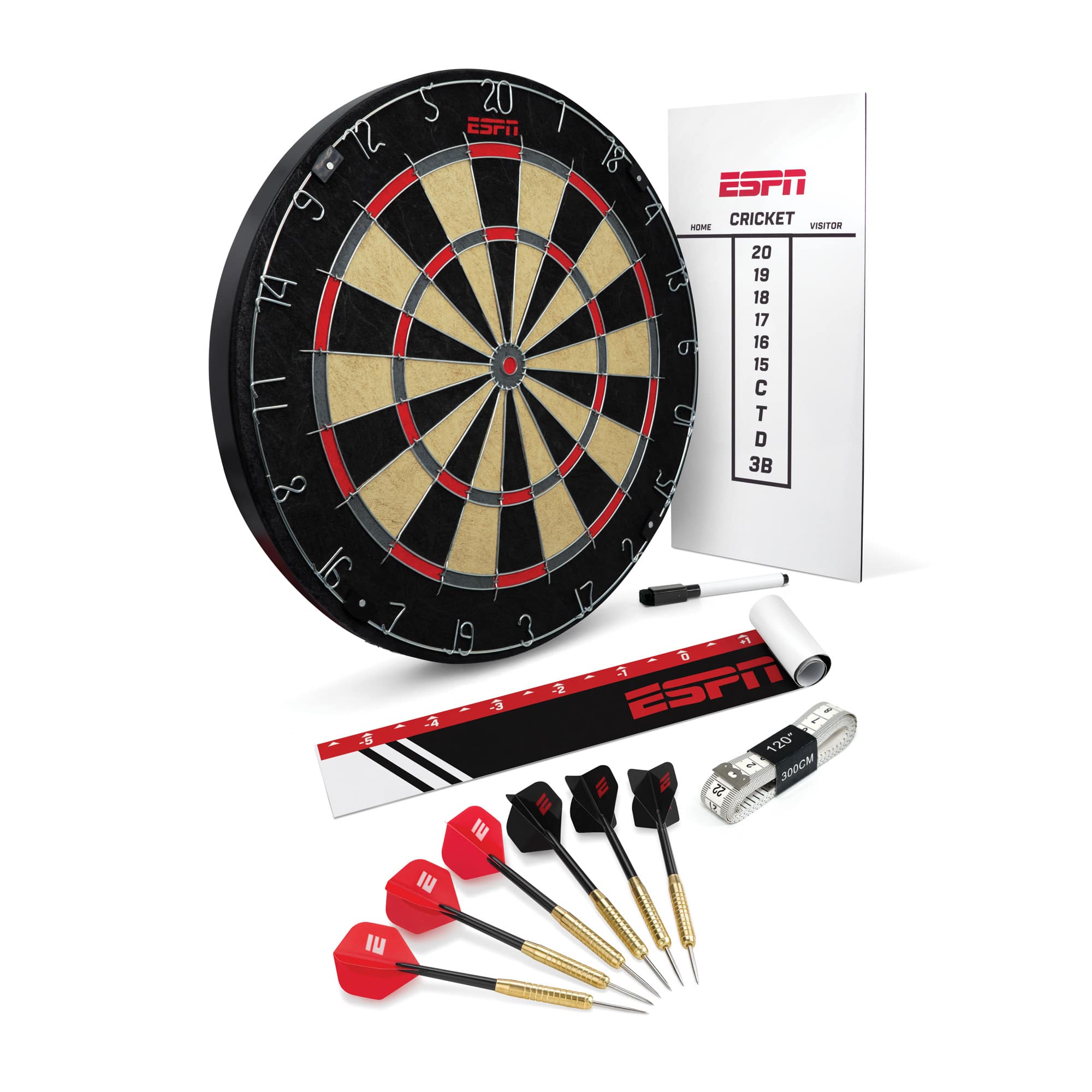 ESPN - Bristle Dartboard Set Includes 6 Steel Tip Darts, Scoreboard, and Throw Line - Black
