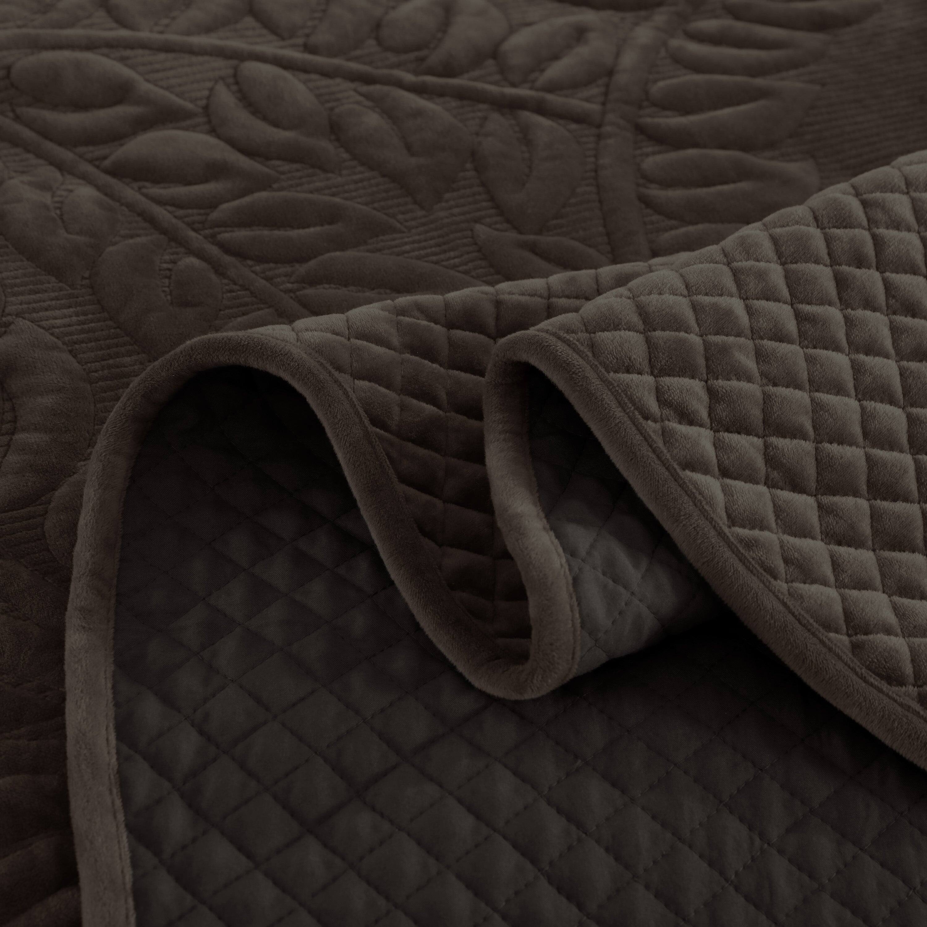 Back. MarCielo - Marcielo 3Pc Luxury Velvet Oversized Embroidery Soft and Plush Quilt Set - Brown.