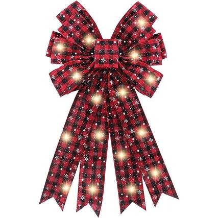 Front. PARKER SLATER - Large LED Christmas Bow – Red/Black Buffalo Plaid, Wreath & Tree Topper Decor - LED.