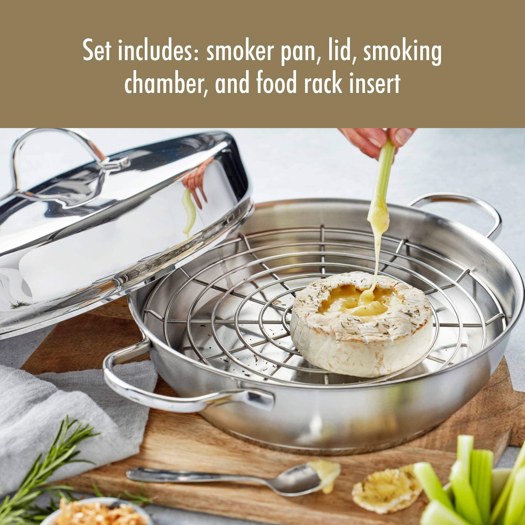 Set includes: smoker pan, lid, smoking chamber, and food rack insert