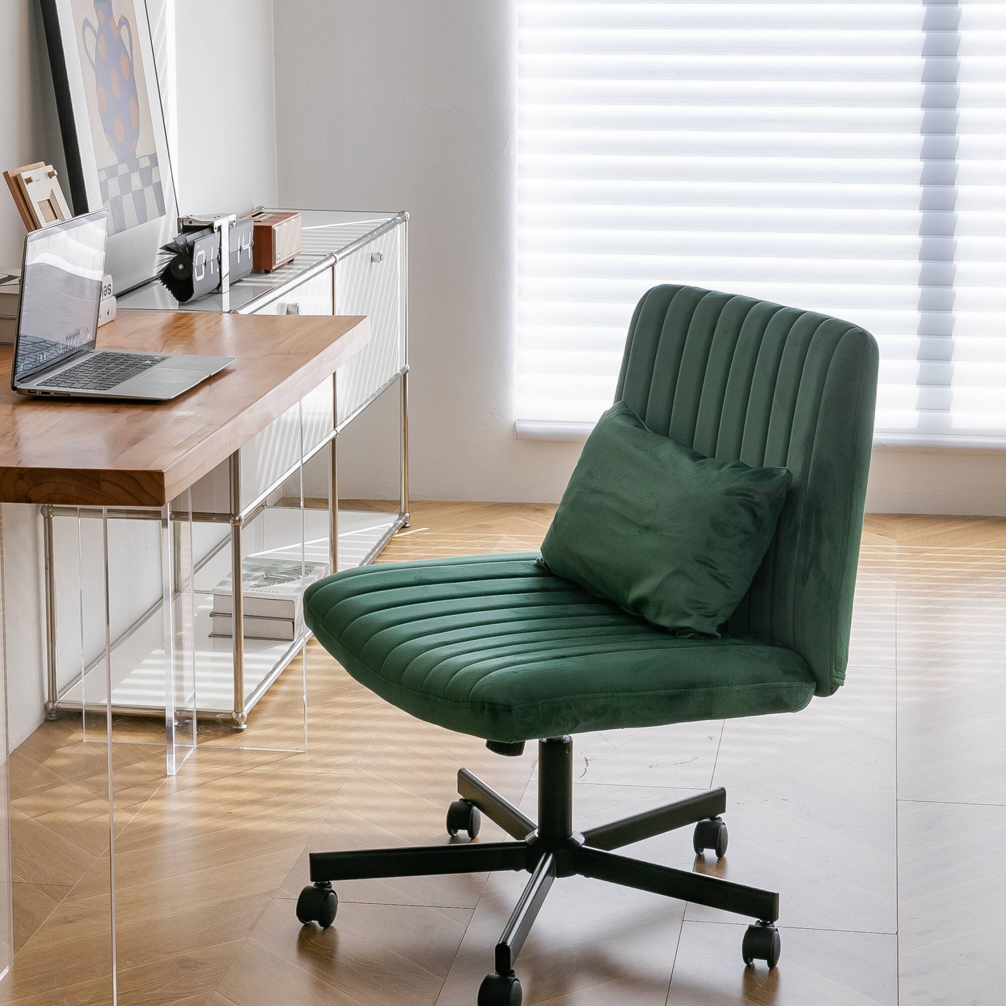 Alt View 9. GOODSILO - Linen Upholstered Ergonomic Office Chair with Adjustable Height and Tilt Mechanism for Home Workspaces - Green.