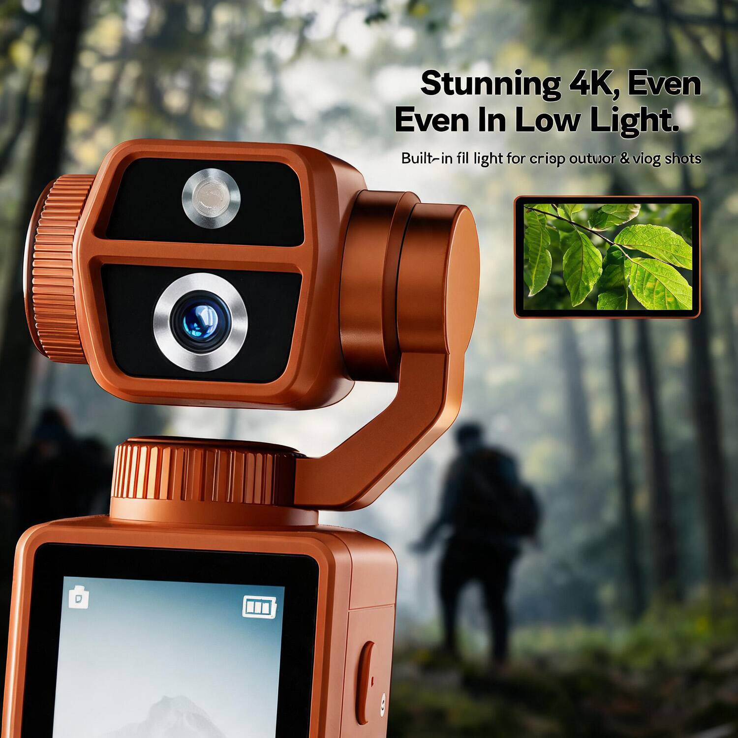 Stunning 4K, Even In Low Light.  
Built-in fill light for crisp outdoor & vlog shots
