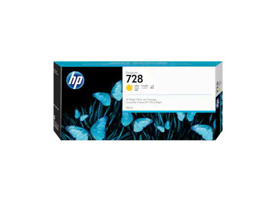 DesignJet 728
Yellow / Amarillo / 노랑 / Jaune / イエロー / 黄色
HP Bright Office Ink Cartridge
Cartouche d'encre HP Office Bright
300 ml