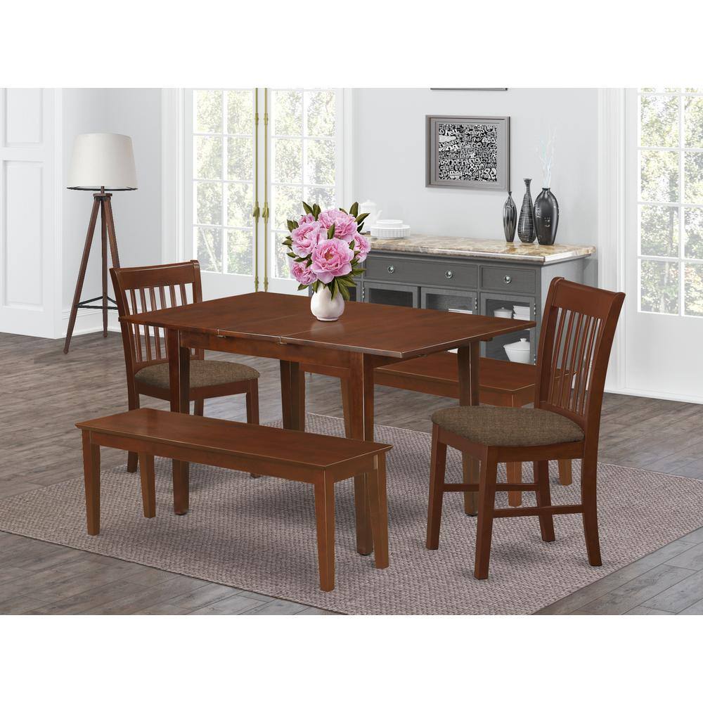 Left. East West Furniture - NOFK5C-MAH-C 5 pc Dining room set with bench - Table plus 2 Dining Chairs and 2 Benches - Mahogany.