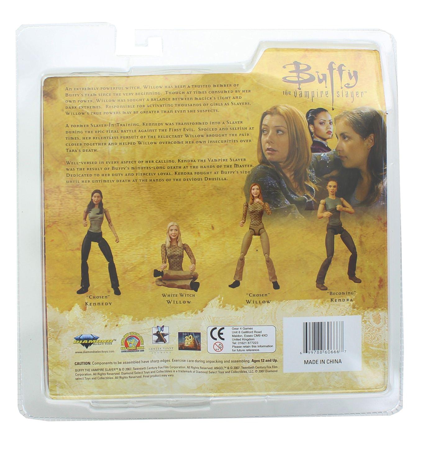 An extremely powerful witch, Willow has been a trusted member of the Buffy team since she was very young. Though at times consumed by her power, Willow has sought a balance between magic's light and dark extremes. Responsible for activating thousands of girls as slayers, Willow's true powers may be greater than even she suspects. 

A former slayer-in-training, Kennedy was transformed into a slayer during the epic final battle against the First Evil. Spoiled and selfish at first, she pursued the reluctant Willow, but their time together brought them closer together and helped Willow overcome her own insecurities over Tara's death.

Well-versed in every aspect of her calling, Kennedy was the result of Buffy's minutes-long death at the hands of the Master. Dedicated and fiercely loyal, Kennedy fought by Buffy's side until her untimely death at the hands of the demented Drusilla.

"Chosen" Willow
"Chosen" Kennedy
"Becoming" Willow
"Becoming" Kennedy

MADE IN CHINA

CAUTION: Components to be assembled have sharp edges. Exercise care during unpacking and assembling. Ages 12 and up.

© & ™ 2007 Twentieth Century Fox Film Corporation. All Rights Reserved. "