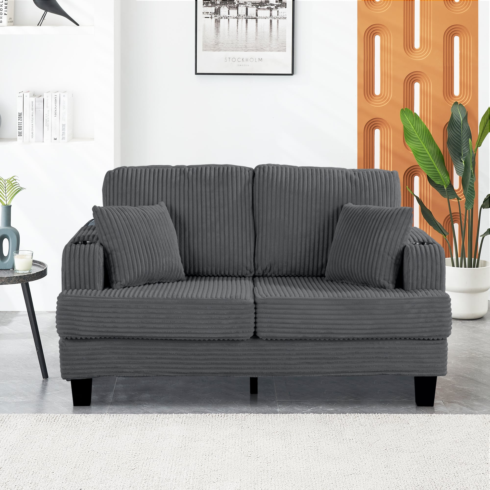 Parrot Uncle - 2-Seater Loveseat Sofa with Cup Holders and 2 Throw Pillows for Living Room or Apartment - Gray