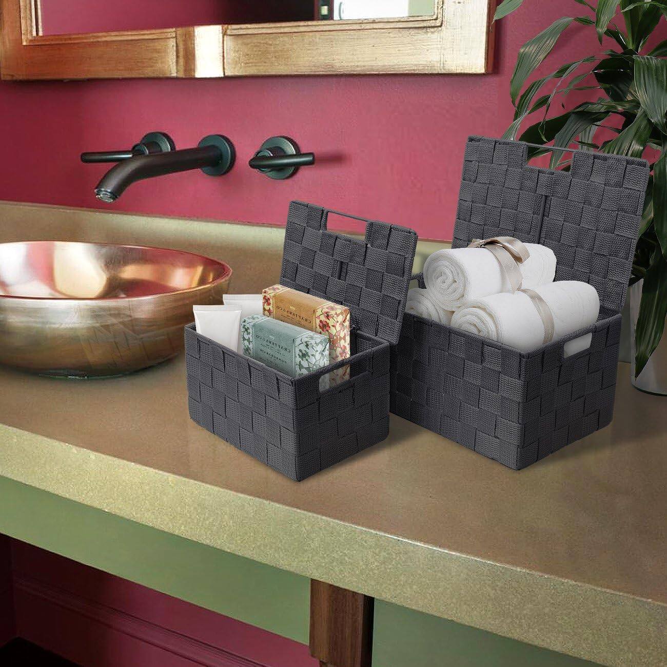 Left. Sorbus - Sorbus Set of 3 Storage Baskets for Organizing with Lid, Mesh, Linen, Organizer Storage Baskets for Home or Office - Gray.