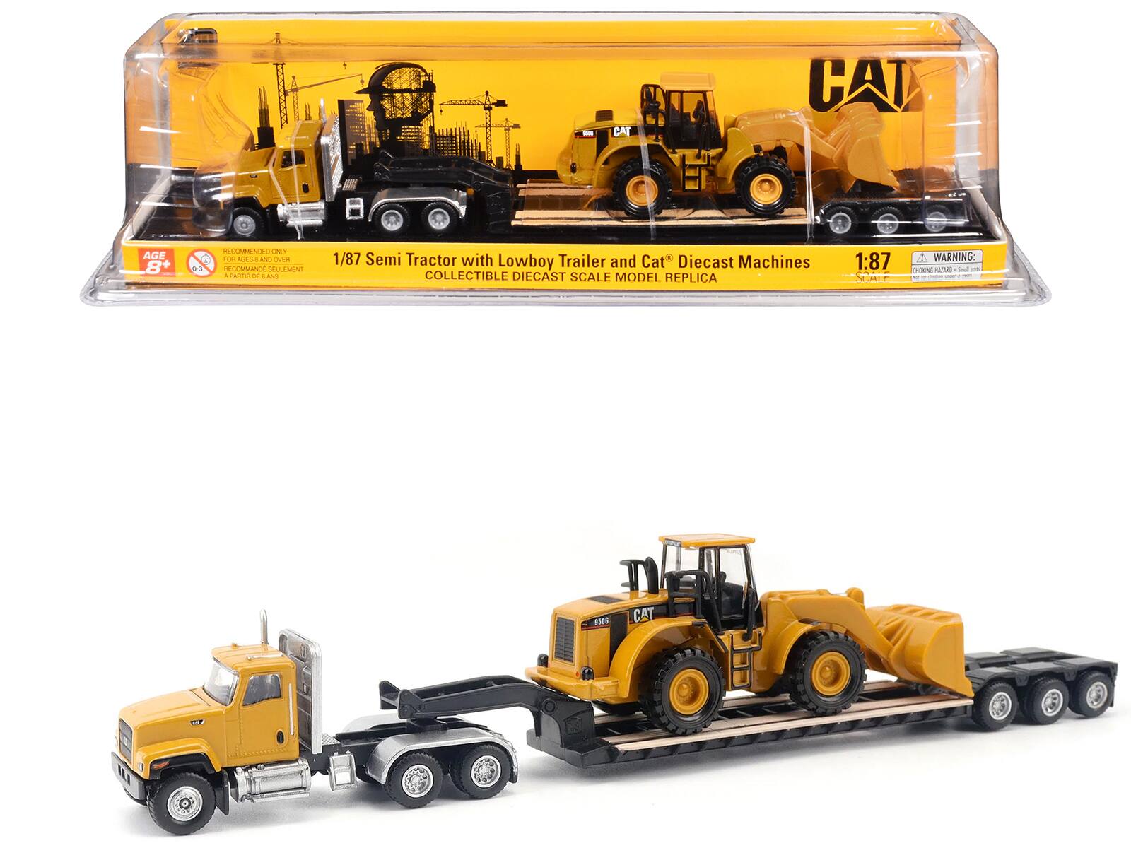 Diecast Masters - CAT Caterpillar CT681 Day Cab Tractor Yellow with Lowboy Trailer and CAT 950G Wheel Loader Yellow 1/87 (HO) Diecast - Yellow