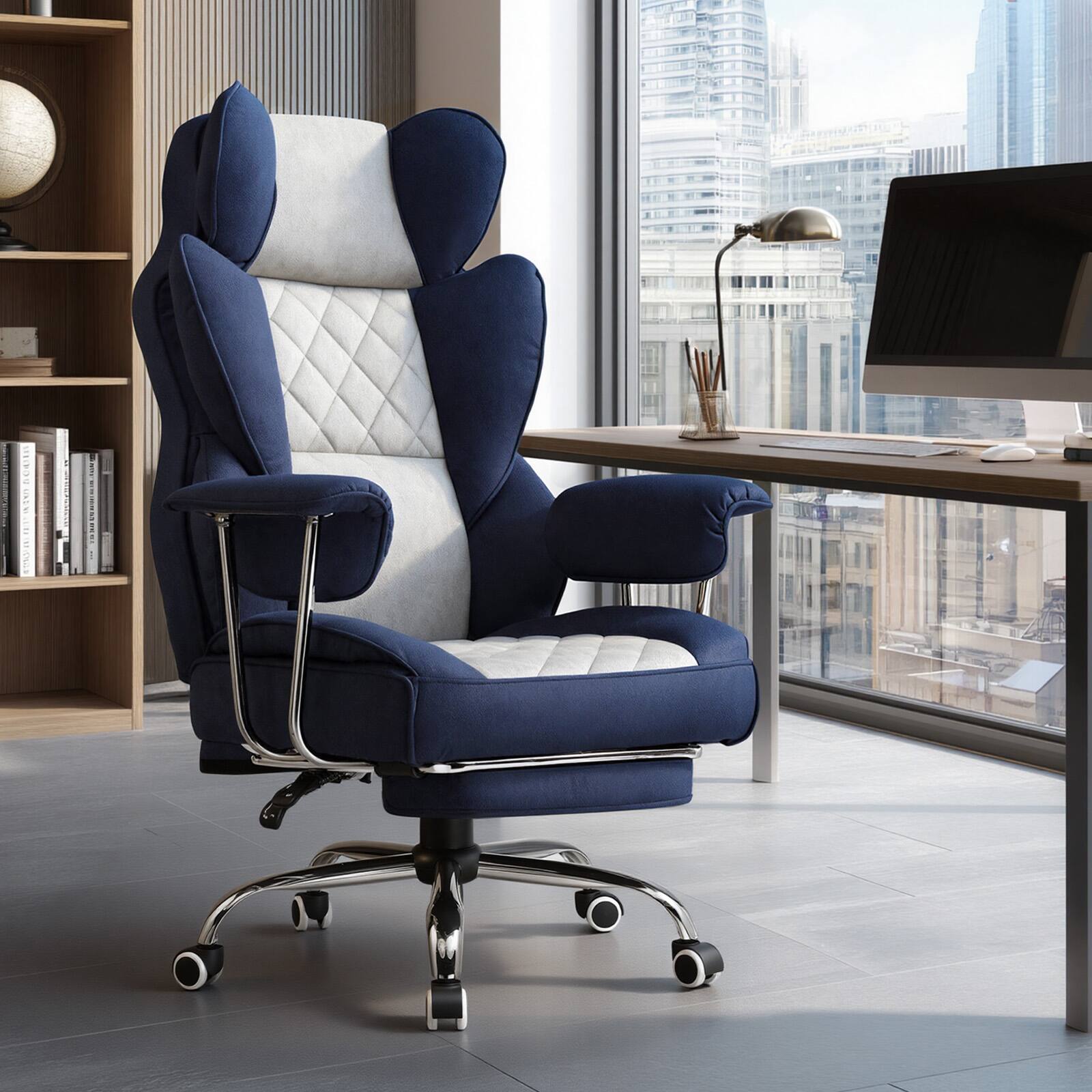 Alt View 4. GTPlayer - 400lbs Heavy Duty Gaming Chair Fabric Comfortable Ergonomic Computer Chair with Soft Armrests,Dark Blue & White - Dark Blue & White.