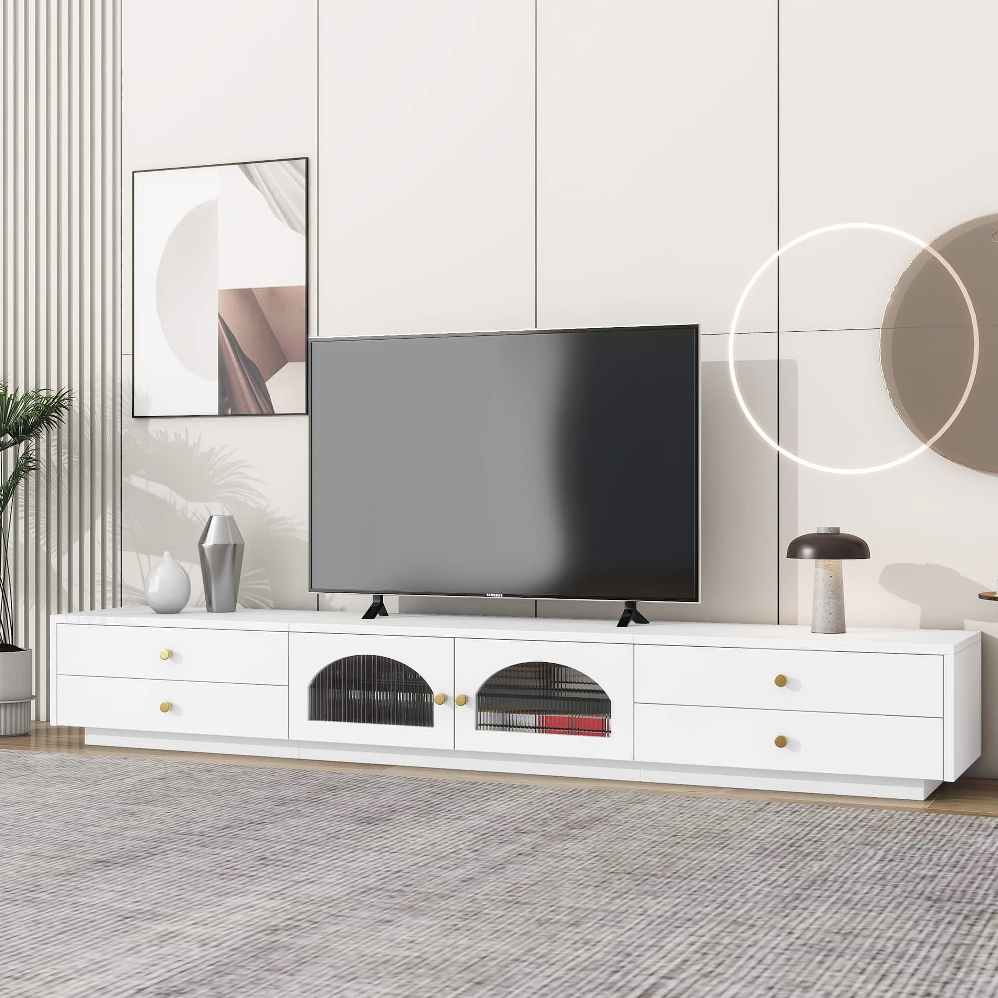 Spaco - Luxurious TV Stand with Fluted Glass Doors and Tempered Glass Shelf, Media Console for 95 Inch TVs - White
