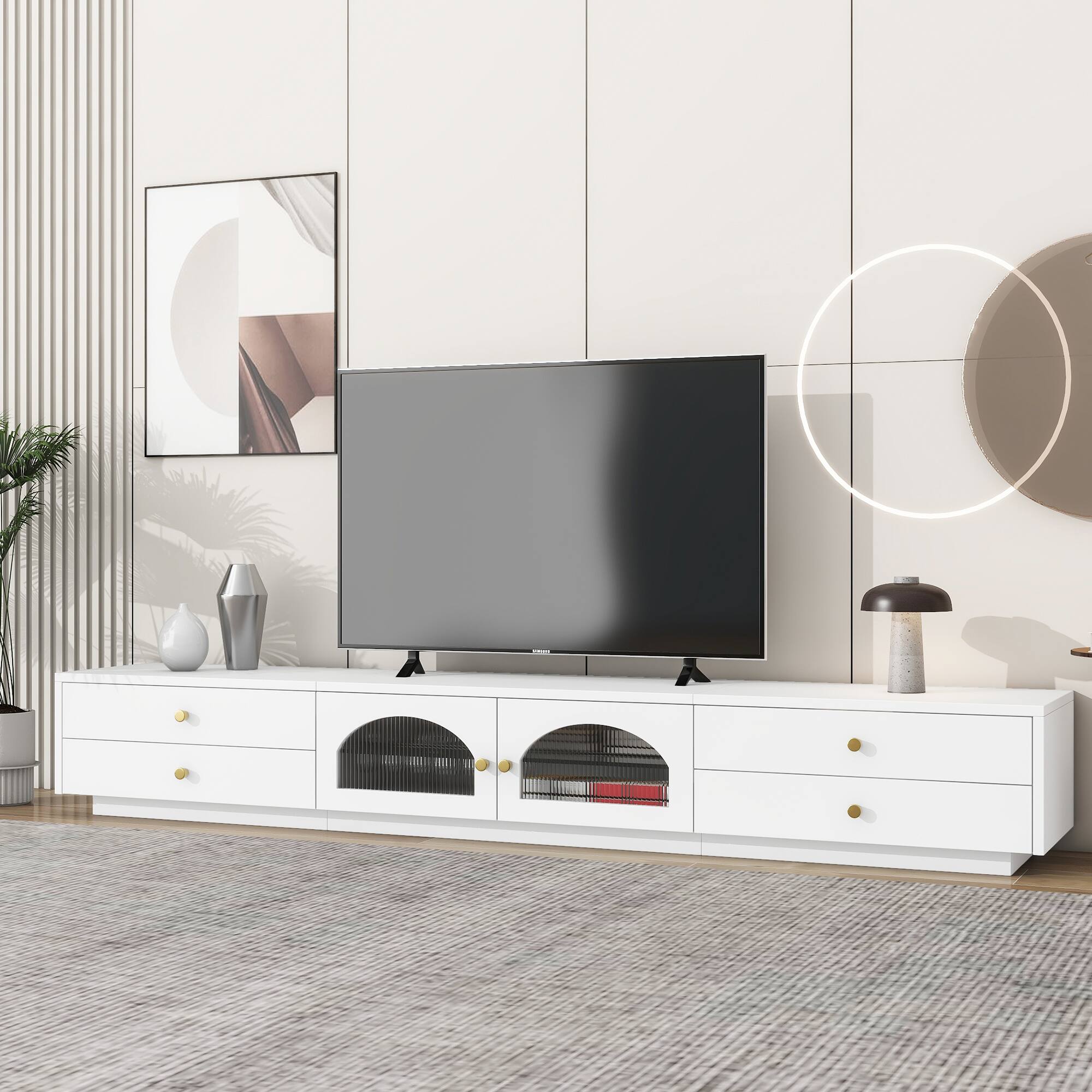 Front. Spaco - Spaco Luxurious TV Stand with Fluted Glass Doors and Tempered Glass Shelf, Media Console for 95 Inch TVs - White.