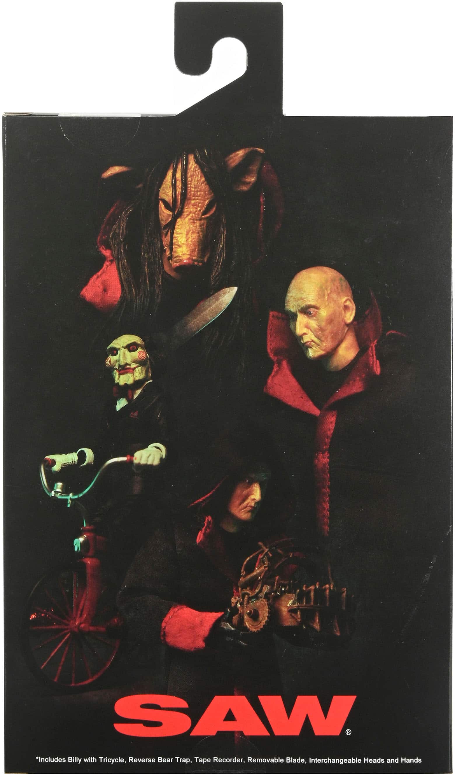 The image features a group of people, including a man with a tricycle, a man with a tape recorder, and a man with a reverse bear trap. The group is also accompanied by a man with a removable blade and interchangeable heads and hands. The image is advertising a toy called "Saw," which includes these various elements.