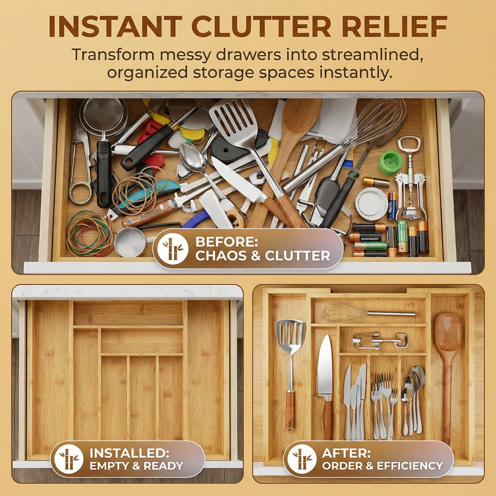 INSTANT CLUTTER RELIEF  
Transform messy drawers into streamlined, organized storage spaces instantly.

BEFORE:  
CHAOS & CLUTTER

INSTALLED:  
EMPTY & READY

AFTER:  
ORDER & EFFICIENCY