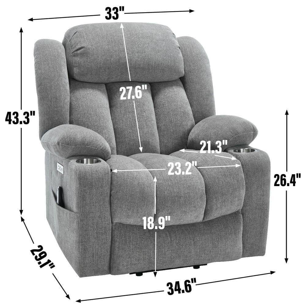 Sure, here are the measurements grouped and corrected:

- **Width:** 33"
- **Depth:** 43.3"
- **Height:** 26.4"
- **Seat Height:** 18.9"
- **Seat Depth:** 23.2"
- **Arm Height:** 21.3"
- **Back Height:** 27.6"
- **Arm Width:** 29.1"
- **Overall Width:** 34.6"