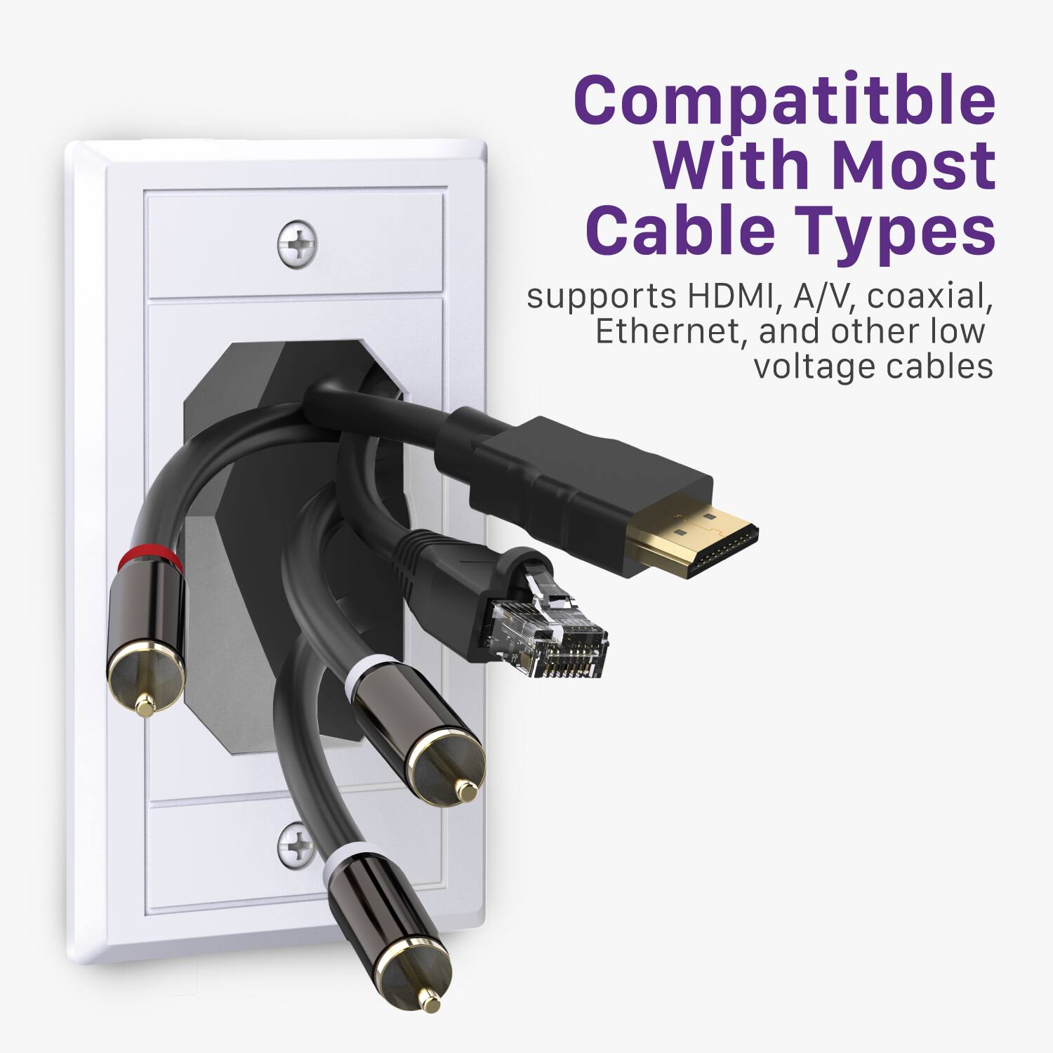 Compatible With Most Cable Types  
supports HDMI, A/V, coaxial, Ethernet, and other low voltage cables