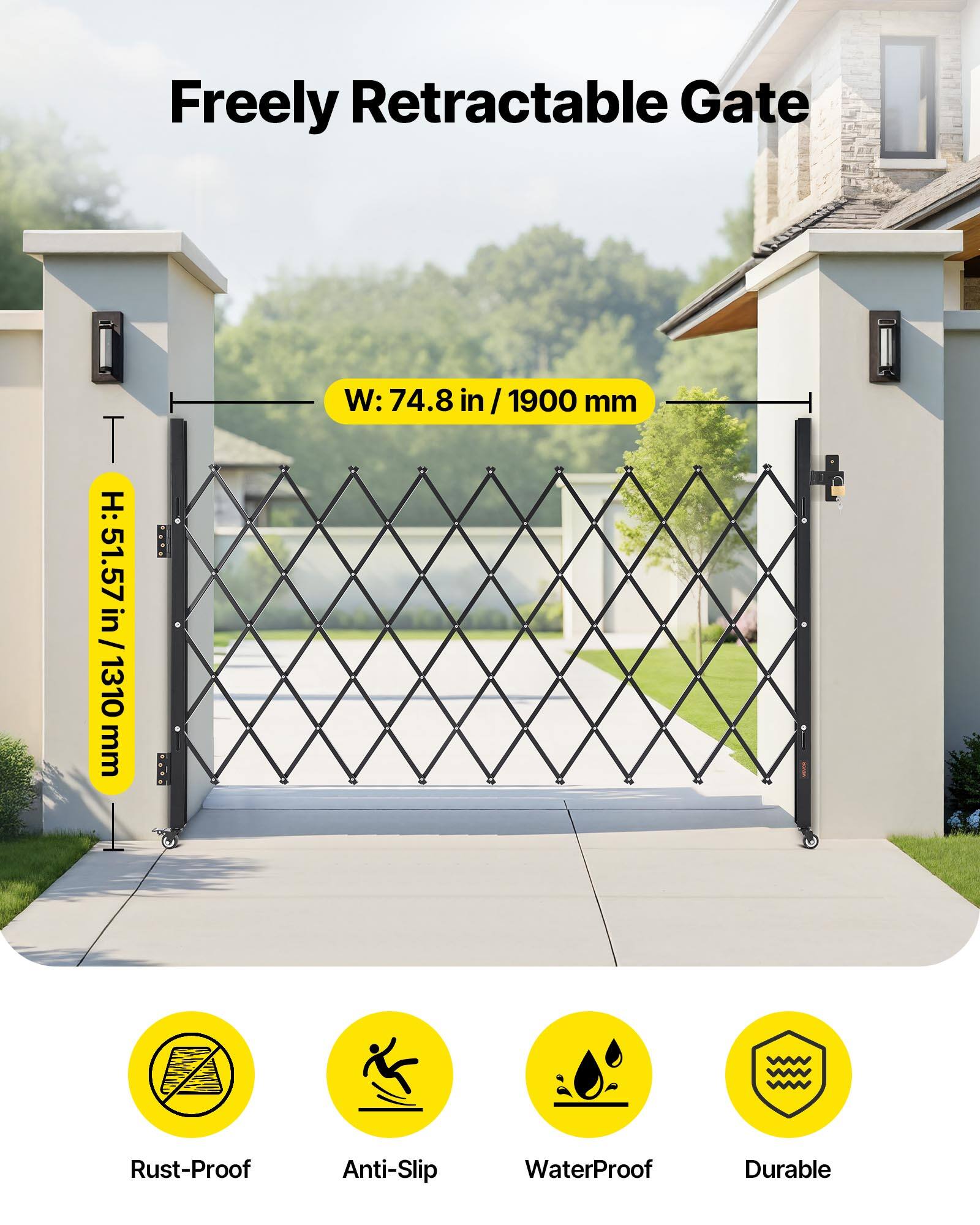 Freely Retractable Gate  
W: 74.8 in / 1900 mm  
H: 51.57 in / 1310 mm  

Rust-Proof  
Anti-Slip  
WaterProof  
Durable