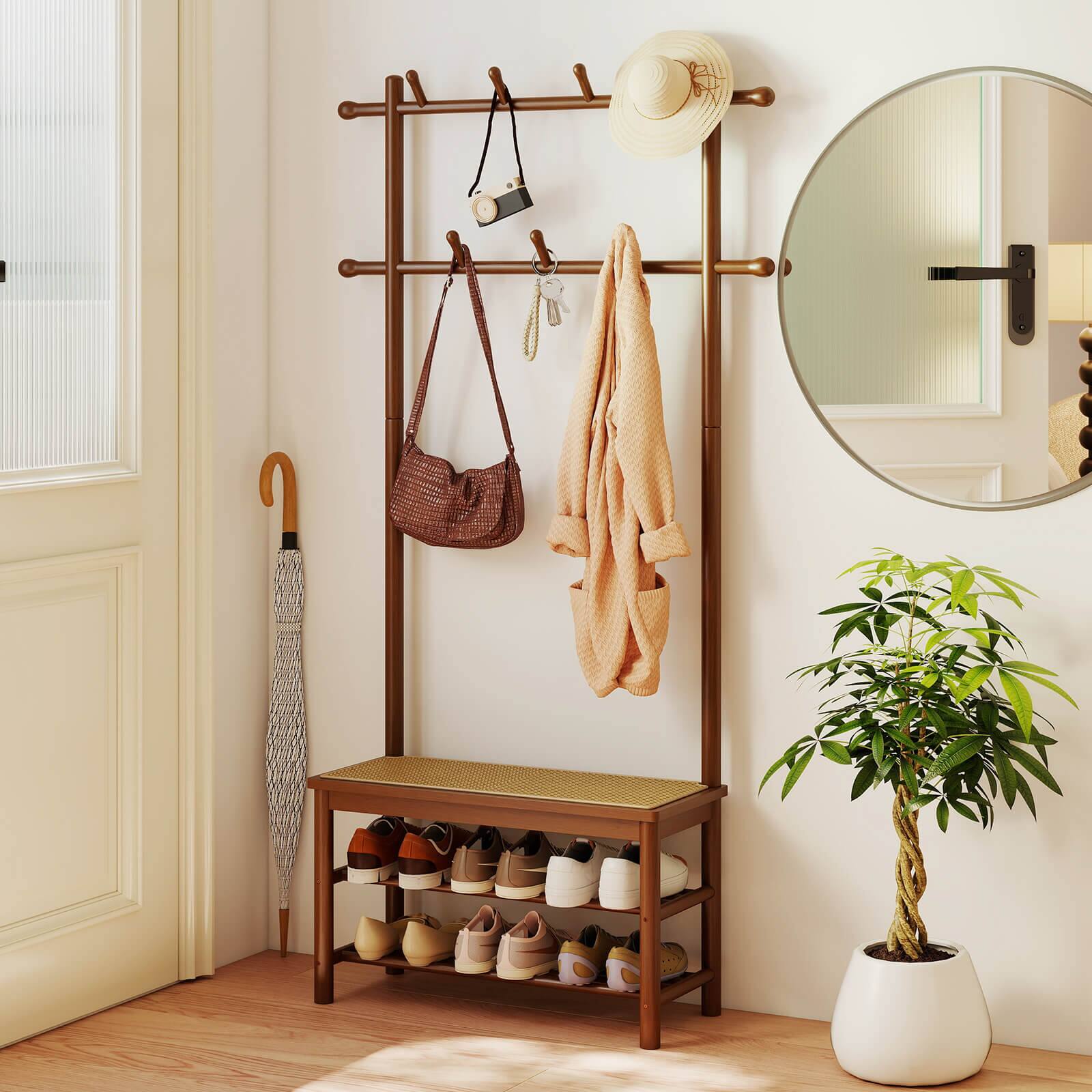 Alt View 3. Costway - Costway Bamboo Coat Rack with Bench Shoe Storage 2 Hanging Rods 11 Hanging Hooks Shelves - Brown.