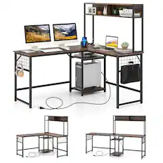 Front. Costway - Costway L-shaped Desk with Power Outlet Large Corner Desk Converts to 2-Person Long Desk - Rustic Brown.