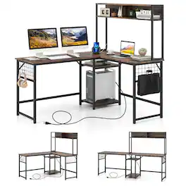 Costway - L-shaped Desk with Power Outlet Large Corner Desk Converts to 2-Person Long Desk - Rustic Brown