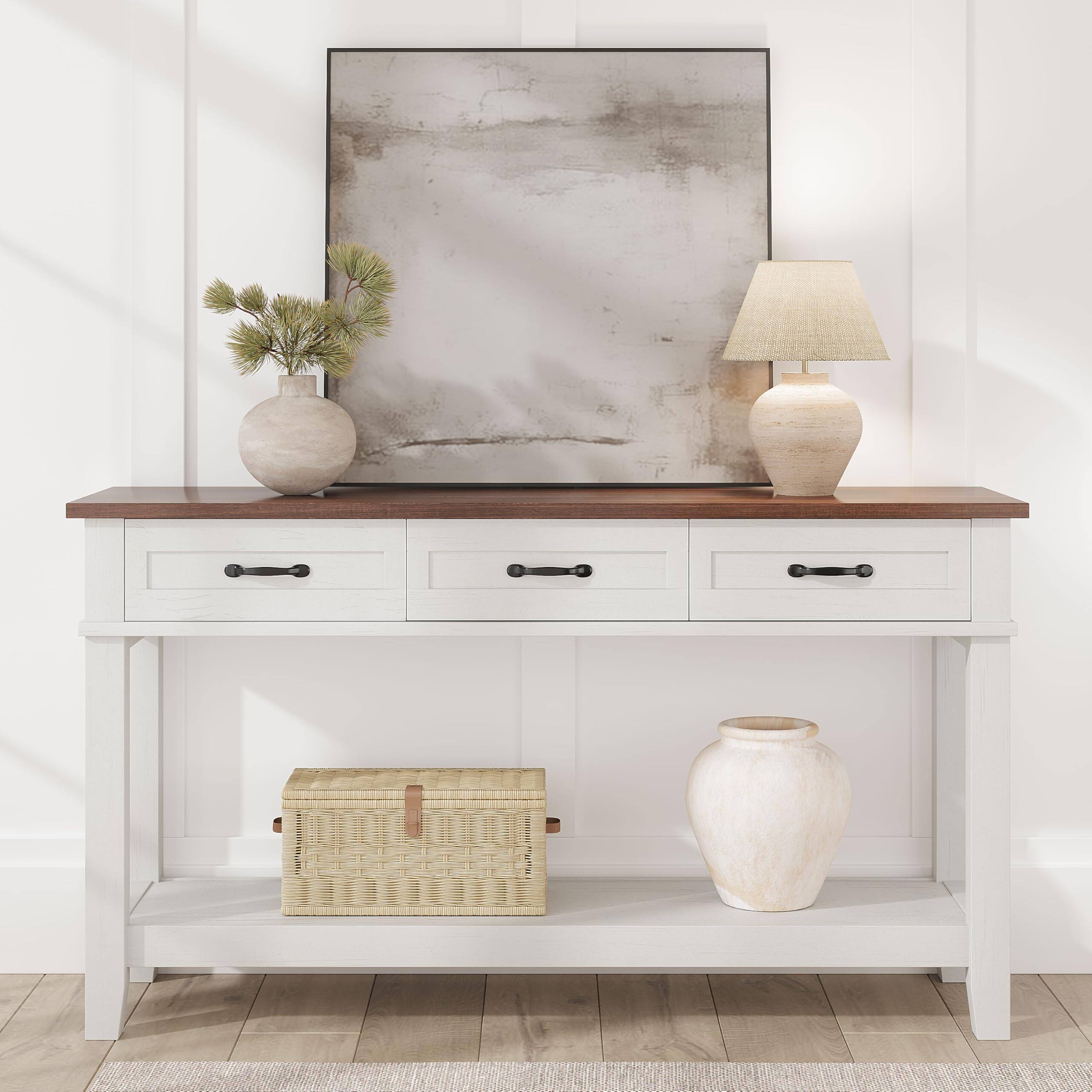 Left. Babevy - Entryway Table with 3 Storage Drawers, 3-Tier Farmhouse Wooden Console Table for Living Room, Hallway - White & Brown.