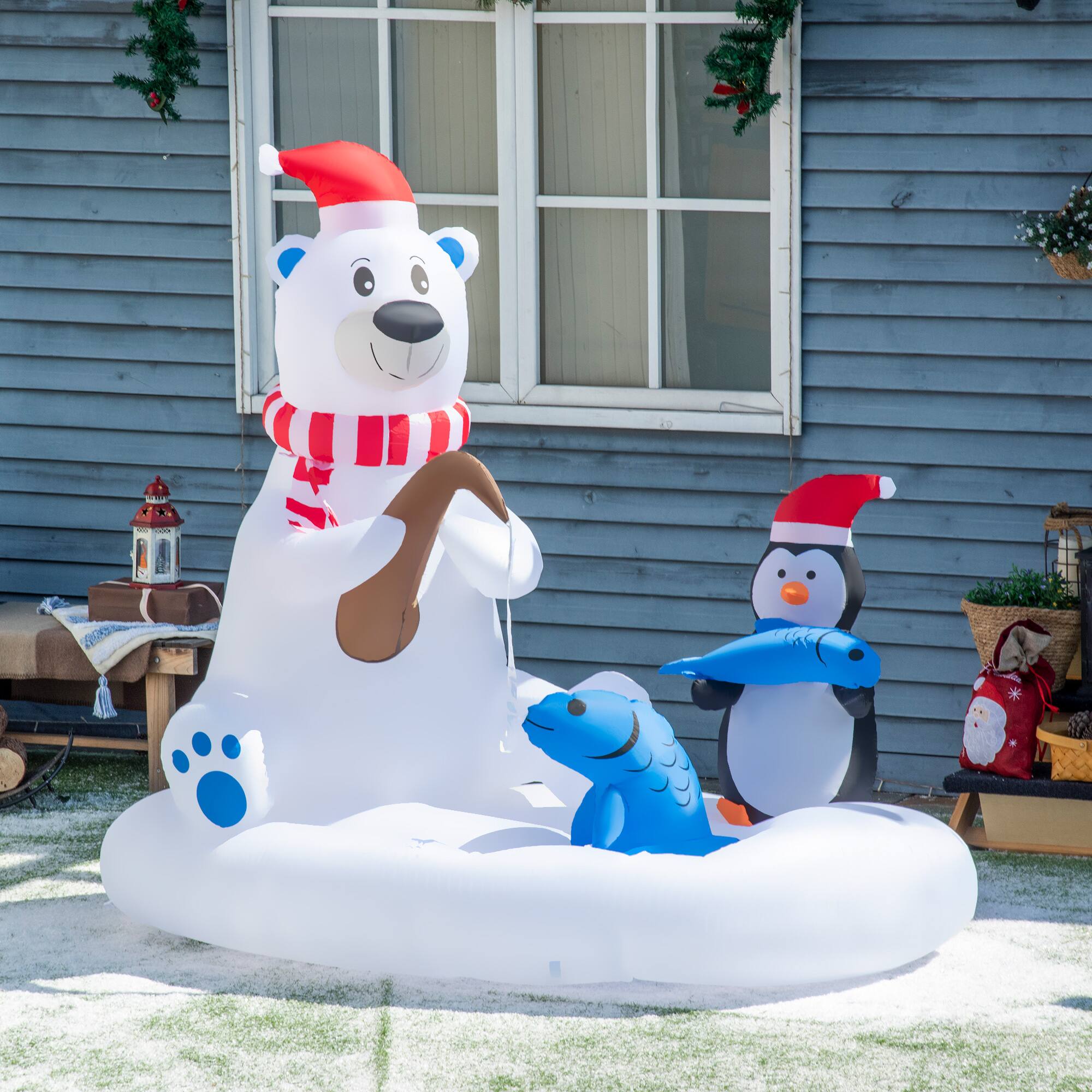 Alt View 8. Outsunny - 6ft Inflatable Polar Bear & Penguin Fishing, Outdoor Blow-Up LED Yard Decor for Lawn Garden - White.
