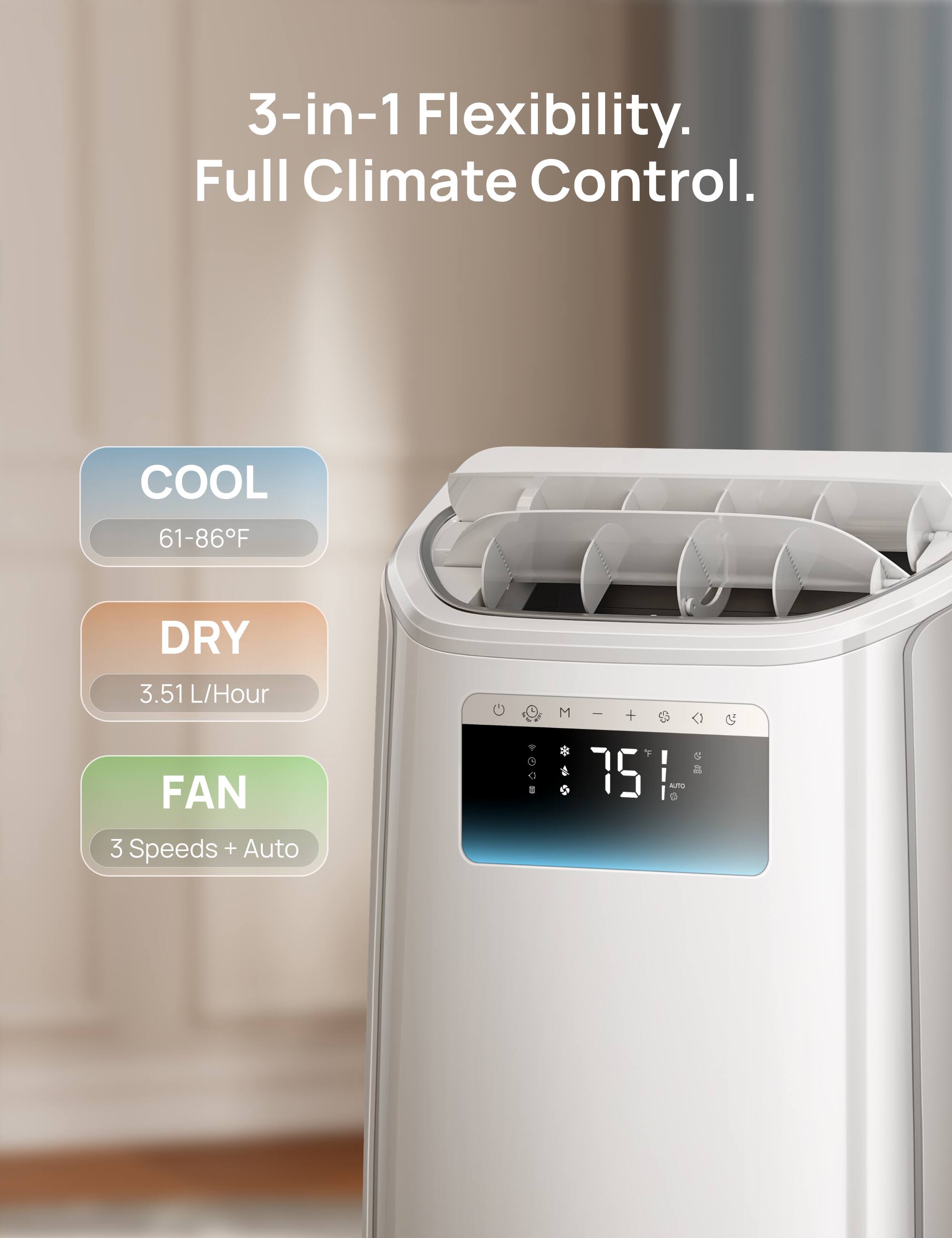 3-in-1 Flexibility. Full Climate Control.

COOL 61-86°F  
DRY 3.51 L/Hour  
FAN 3 Speeds + Auto