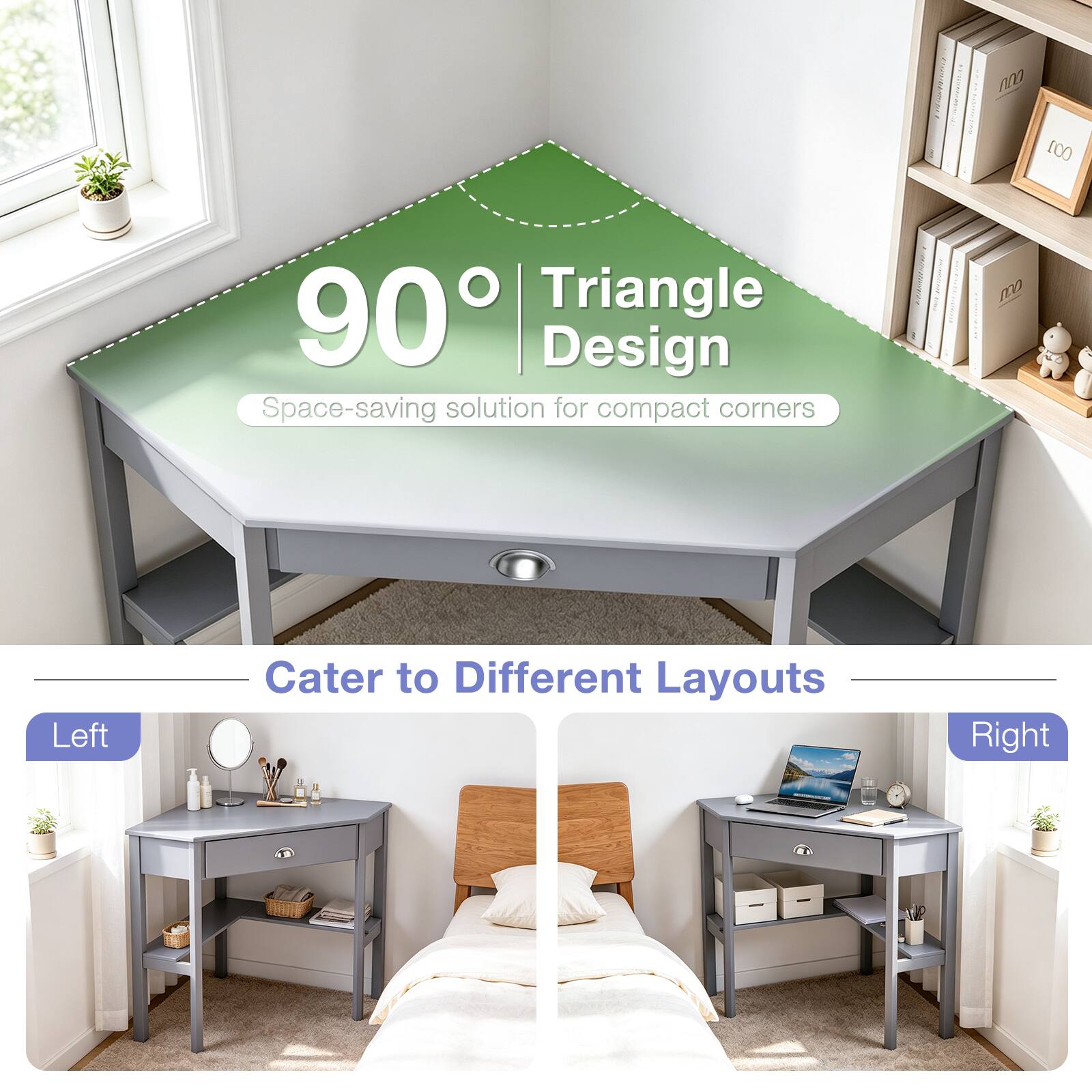 000
001
90° Triangle Design
Space-saving solution for compact corners
Cater to Different Layouts
Left
Right