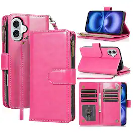 Equipd - Phone Case for iPhone 17 6.3", Luxury Wallet Card ID Zipper Money Holder Cover - Pink