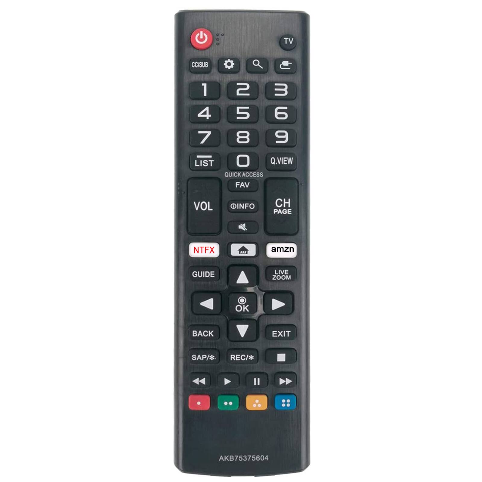 TV CC/SUB 1 2 3 4 5 6 7 8 9 0 Q.VIEW QUICK ACCESS FAV VOL INFO CH PAGE NTFX amzn GUIDE LIVE ZOOM OK BACK EXIT SAP/* REC/* II AKB75375604