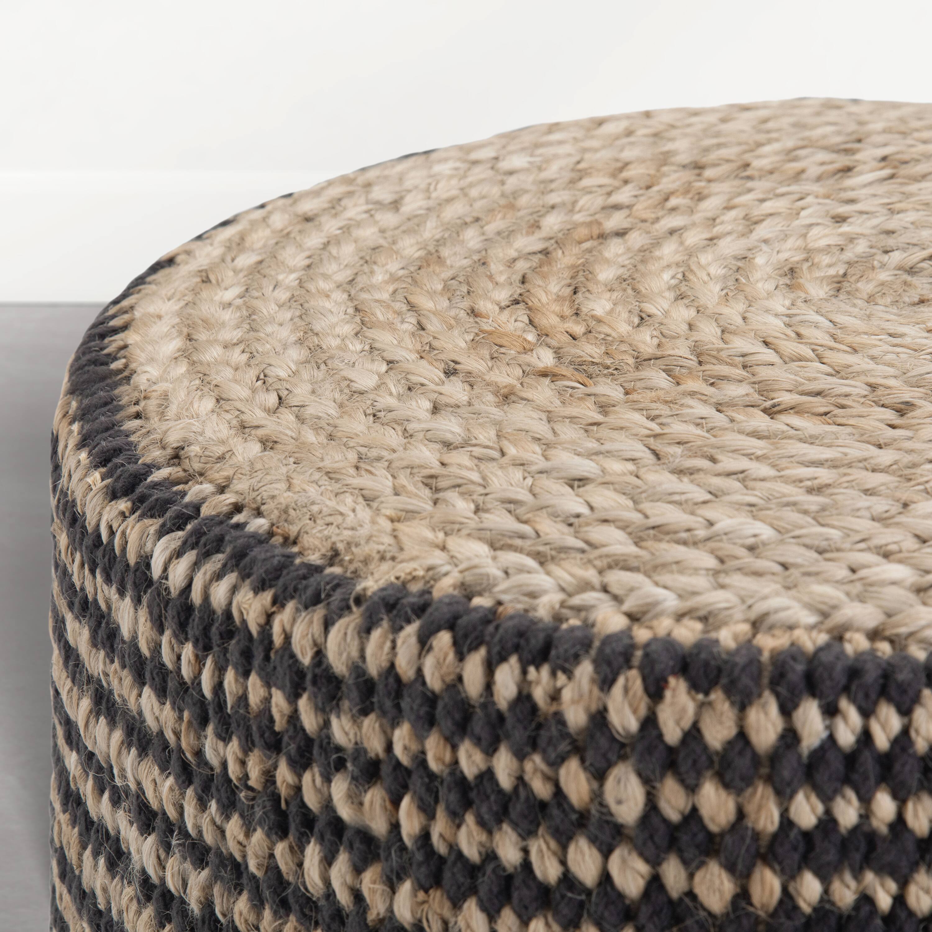 Alt View 1. Simpli Home - Larissa 18 inch Wide Round Pouf Ottoman, Sandy Natural and Ebony Jute - Sandy Natural/Ebony.